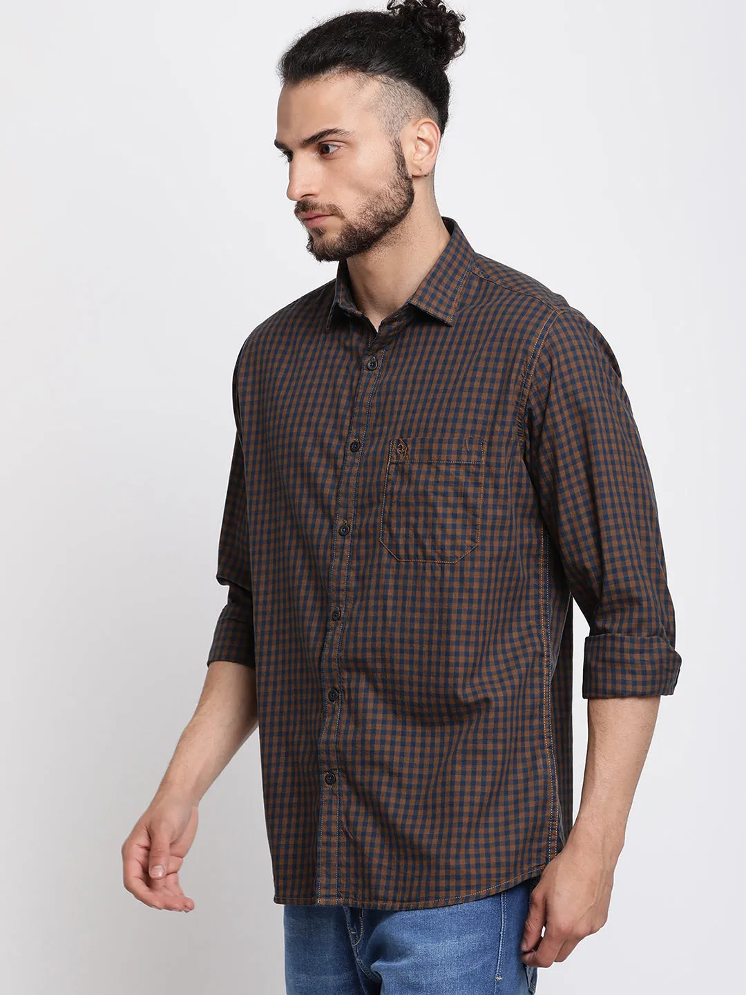 Men's Mustard Casual Small Checks Full Sleeve Shirt