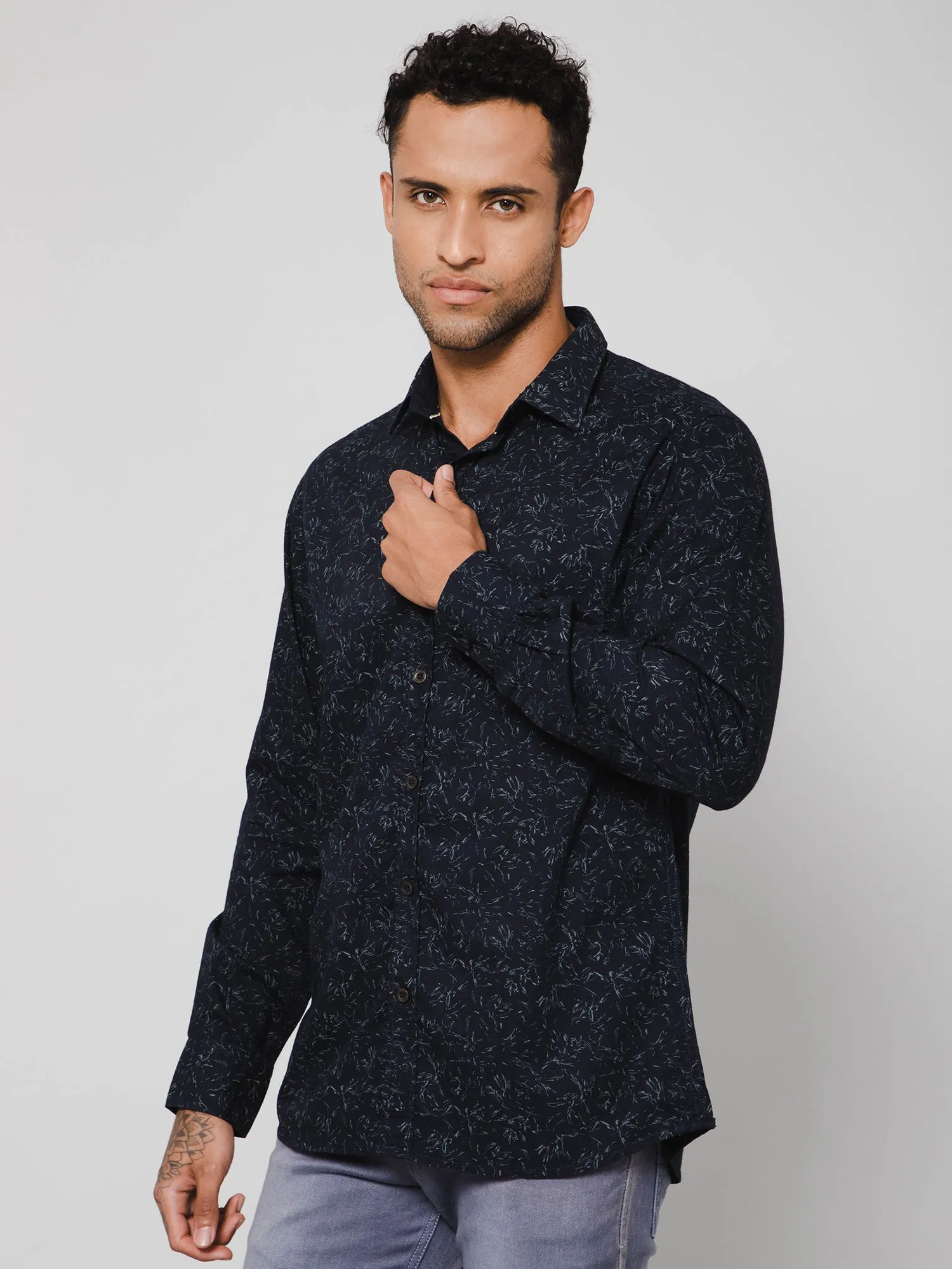 Men's Navy Blue Casual Abstract Print Full Sleeve Shirt