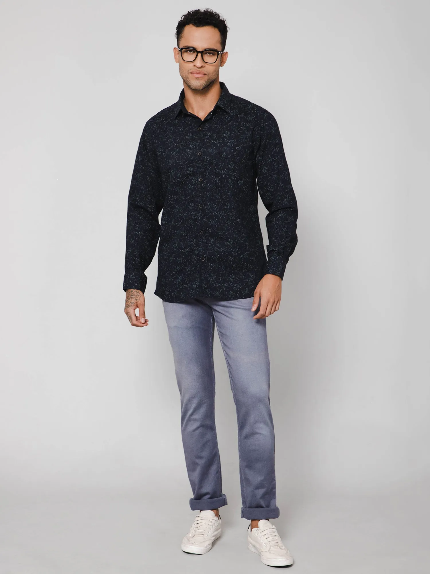 Men's Navy Blue Casual Abstract Print Full Sleeve Shirt