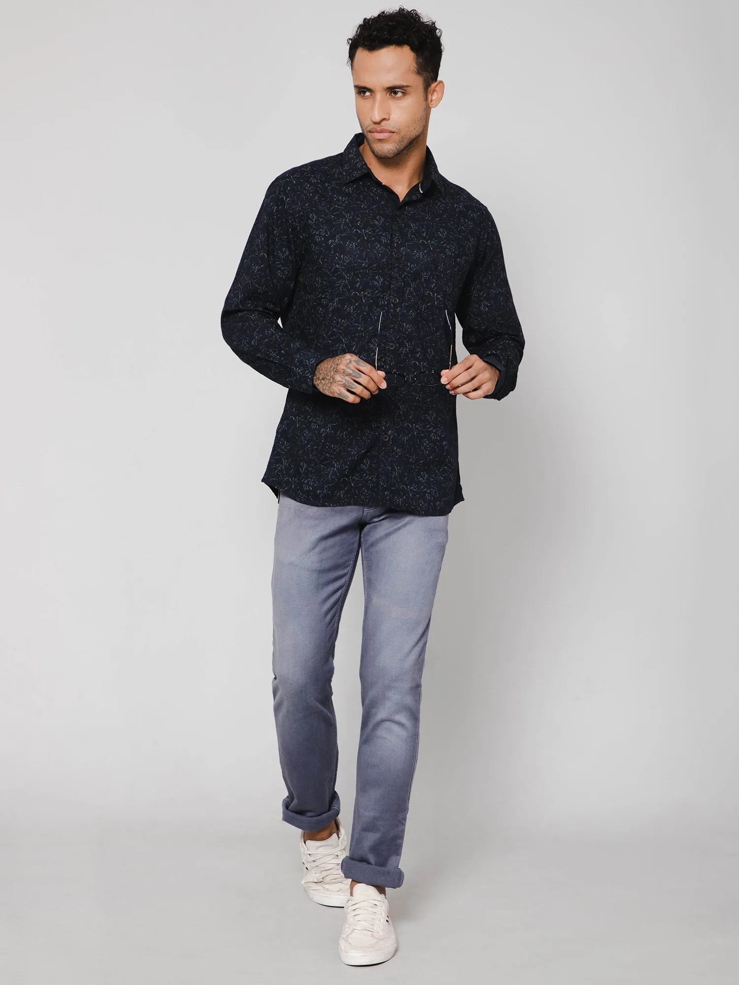 Men's Navy Blue Casual Abstract Print Full Sleeve Shirt