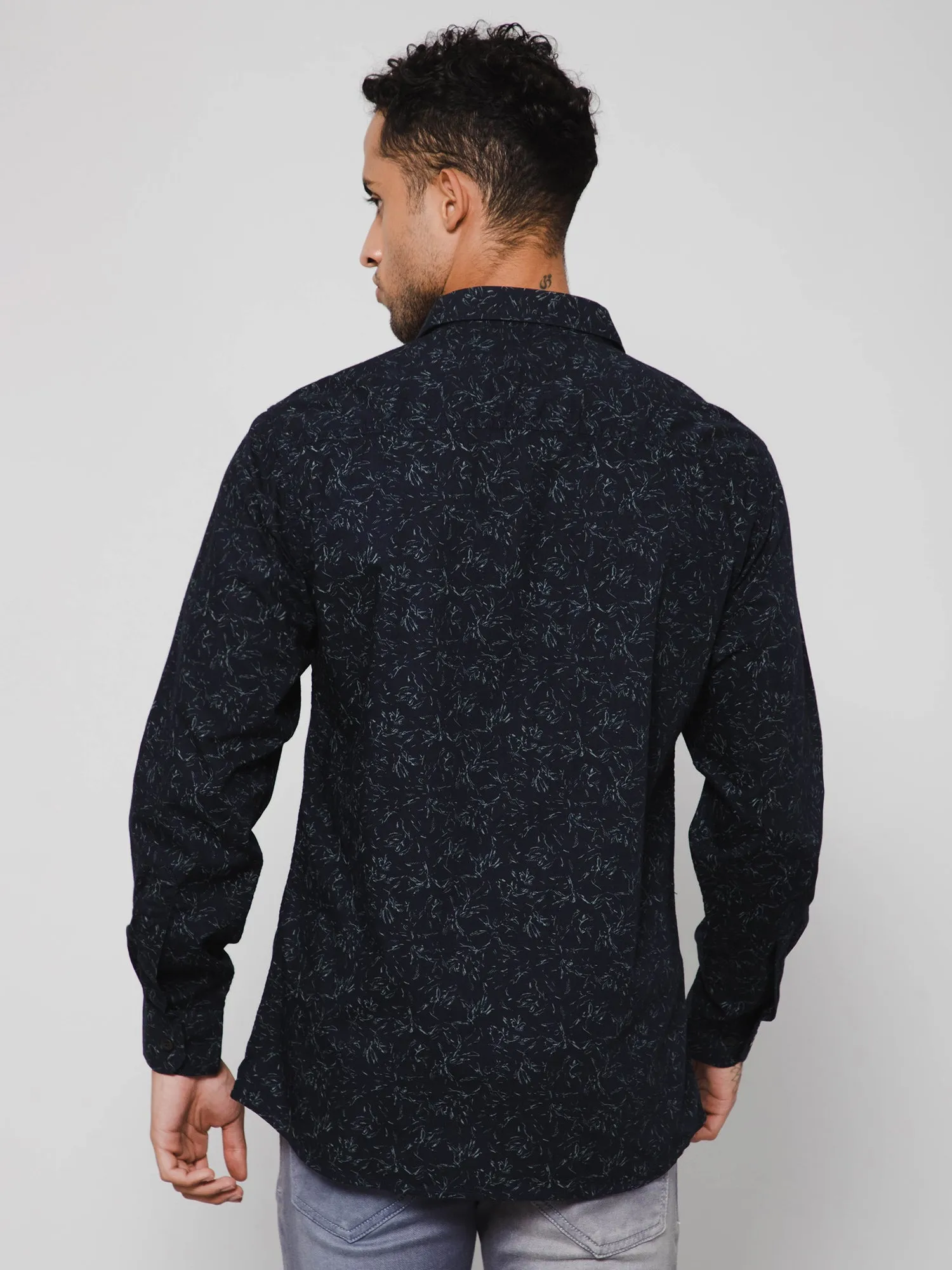 Men's Navy Blue Casual Abstract Print Full Sleeve Shirt