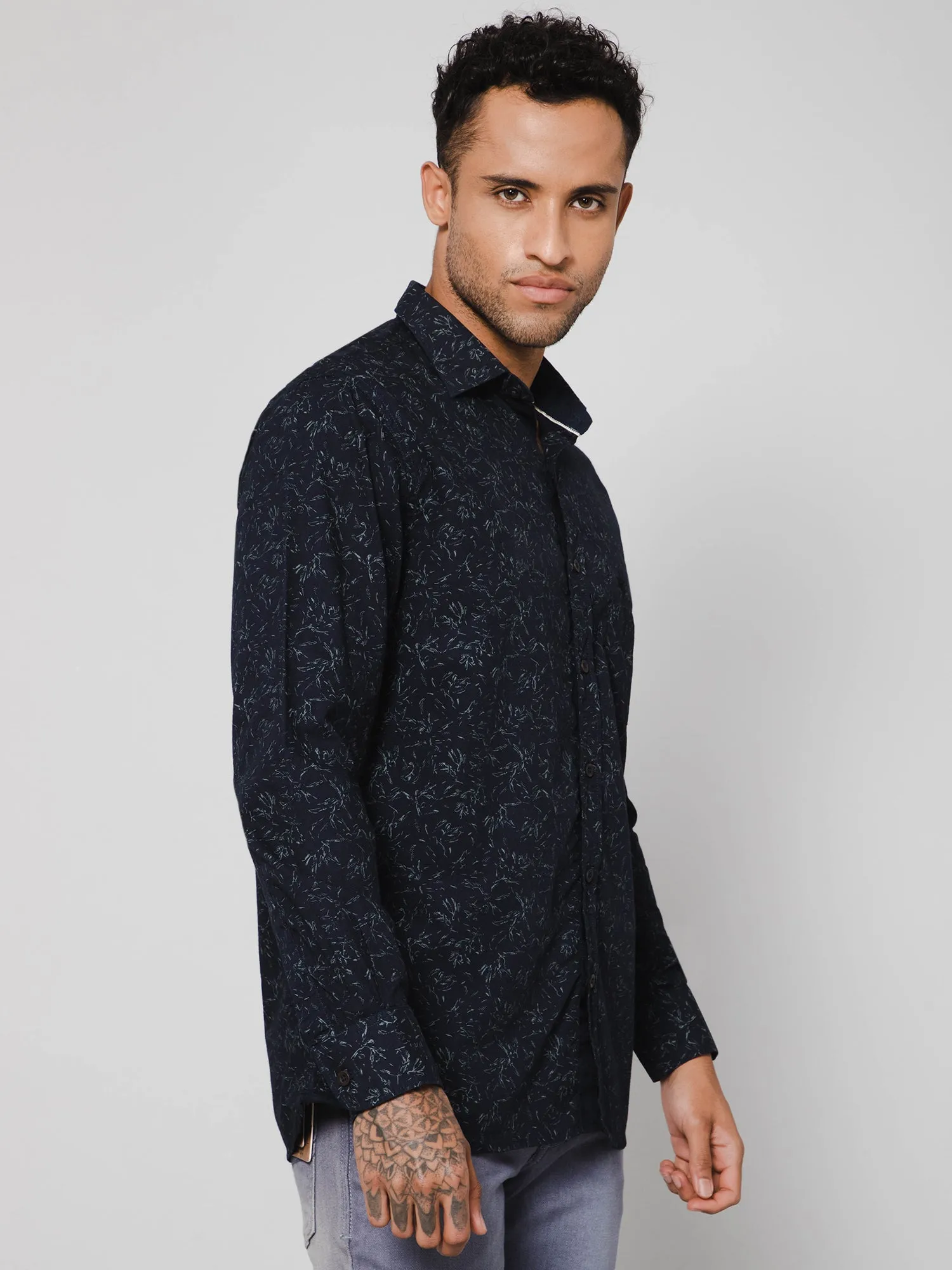 Men's Navy Blue Casual Abstract Print Full Sleeve Shirt