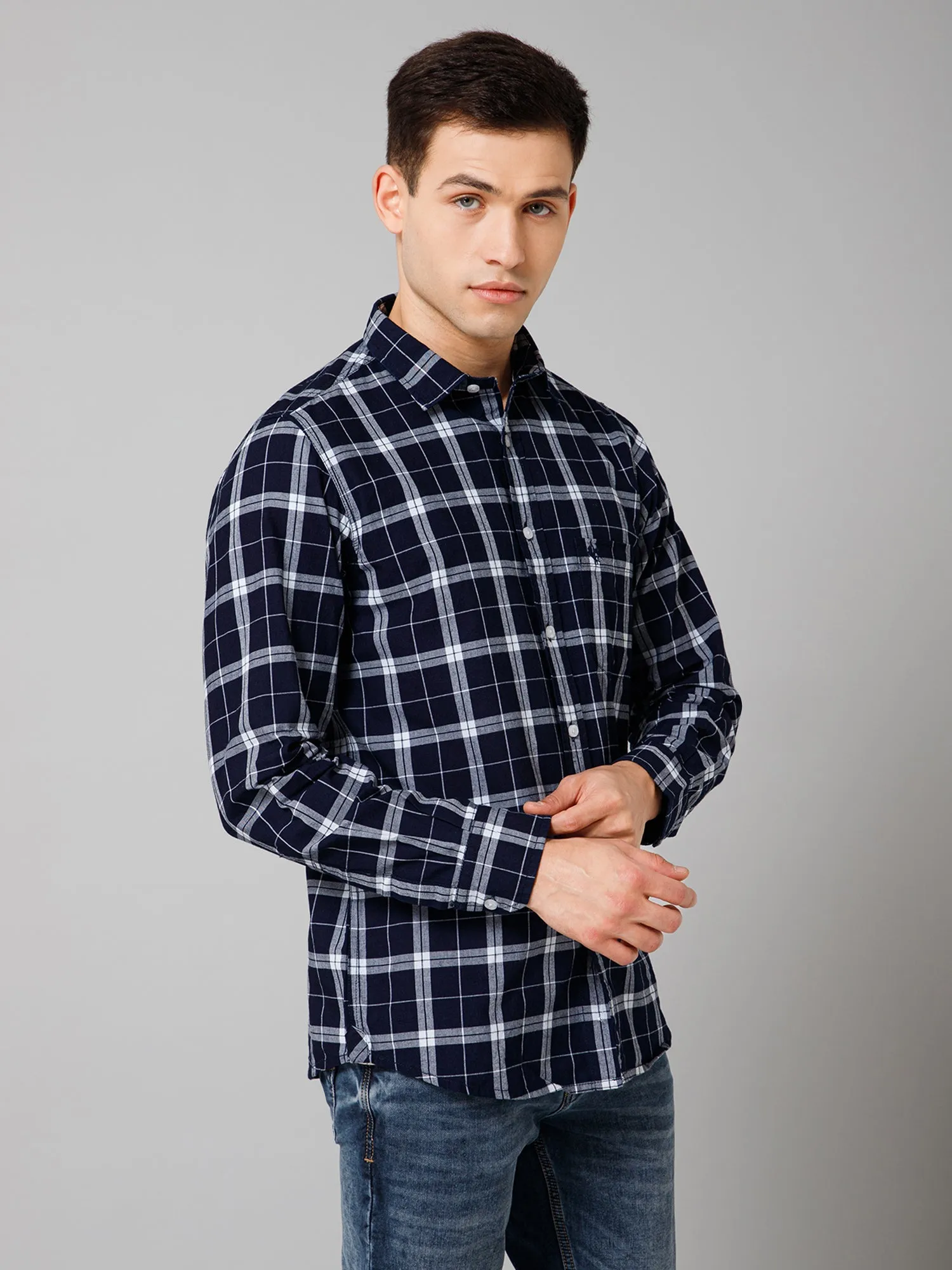 Men's Navy Blue Casual Big Checks Full Sleeve Shirt