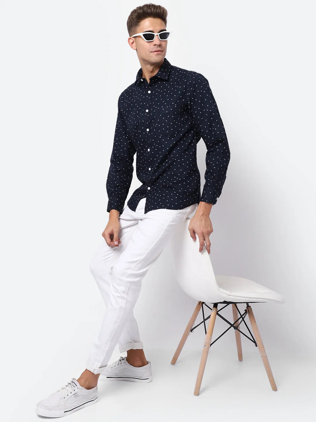 Men's Navy Blue Casual Ditsy Print Full Sleeve Shirt