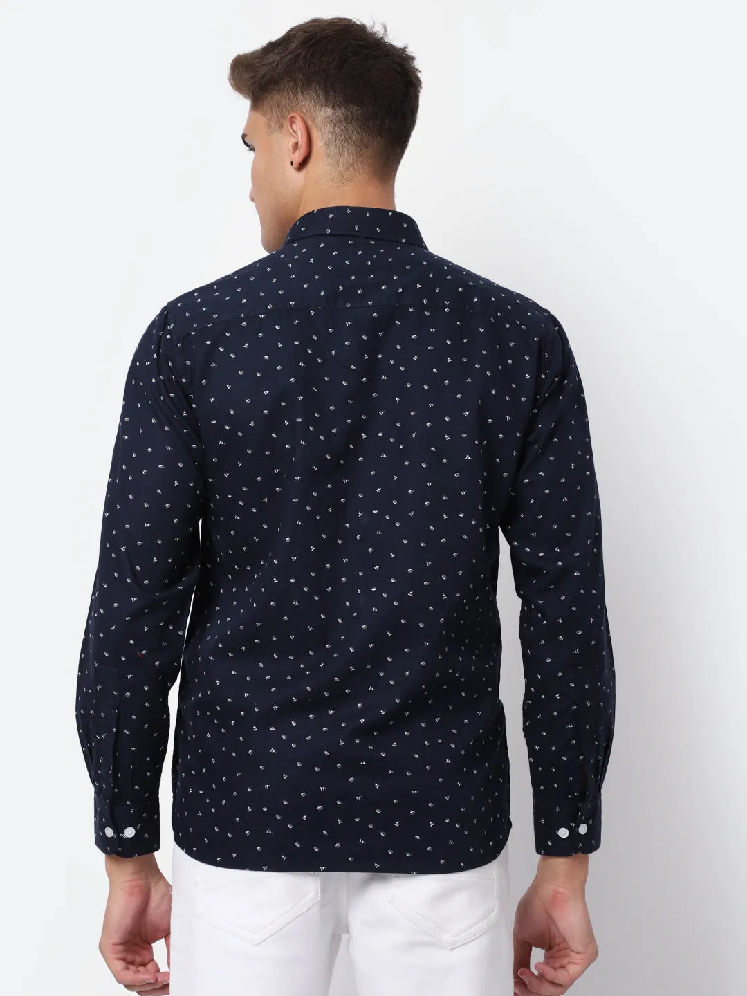 Men's Navy Blue Casual Ditsy Print Full Sleeve Shirt