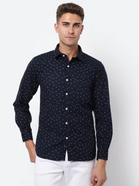 Men's Navy Blue Casual Ditsy Print Full Sleeve Shirt