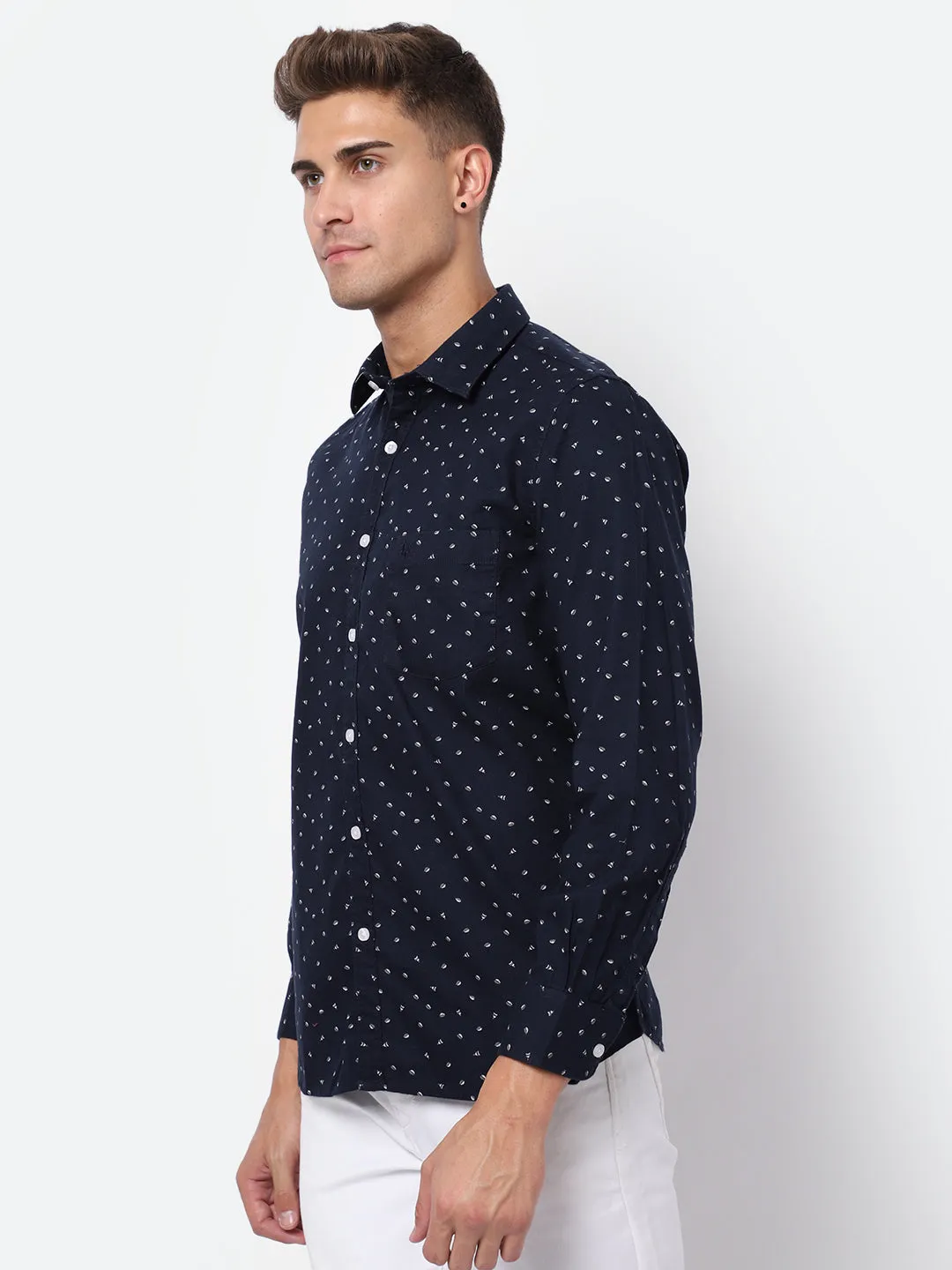 Men's Navy Blue Casual Ditsy Print Full Sleeve Shirt