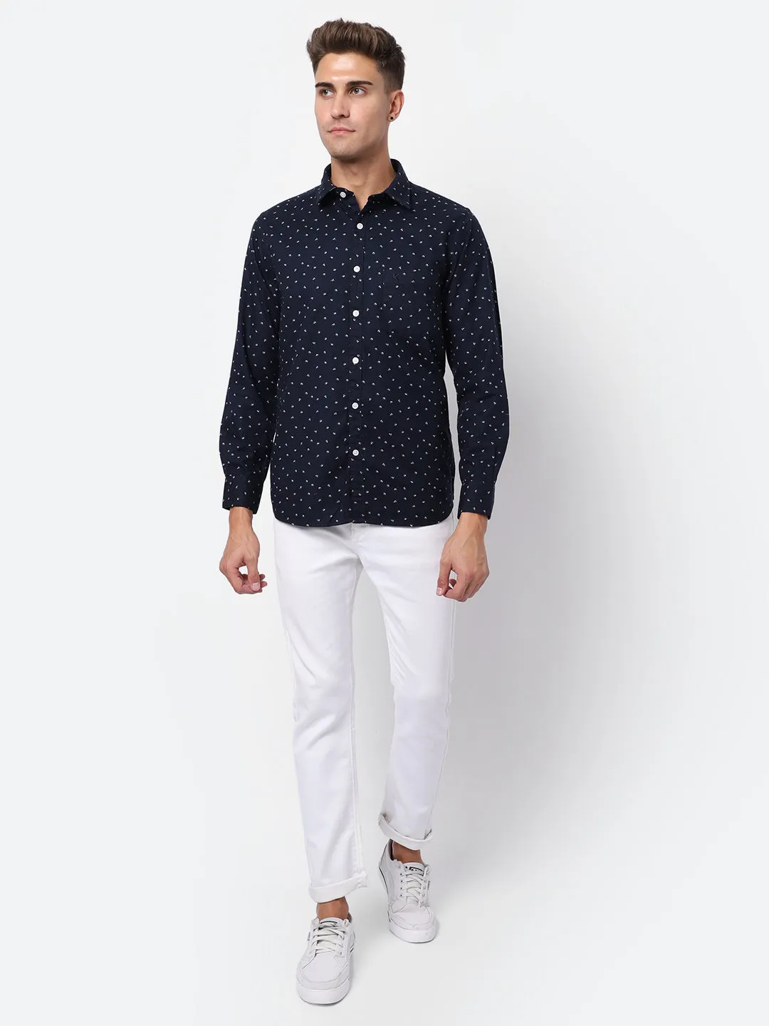 Men's Navy Blue Casual Ditsy Print Full Sleeve Shirt