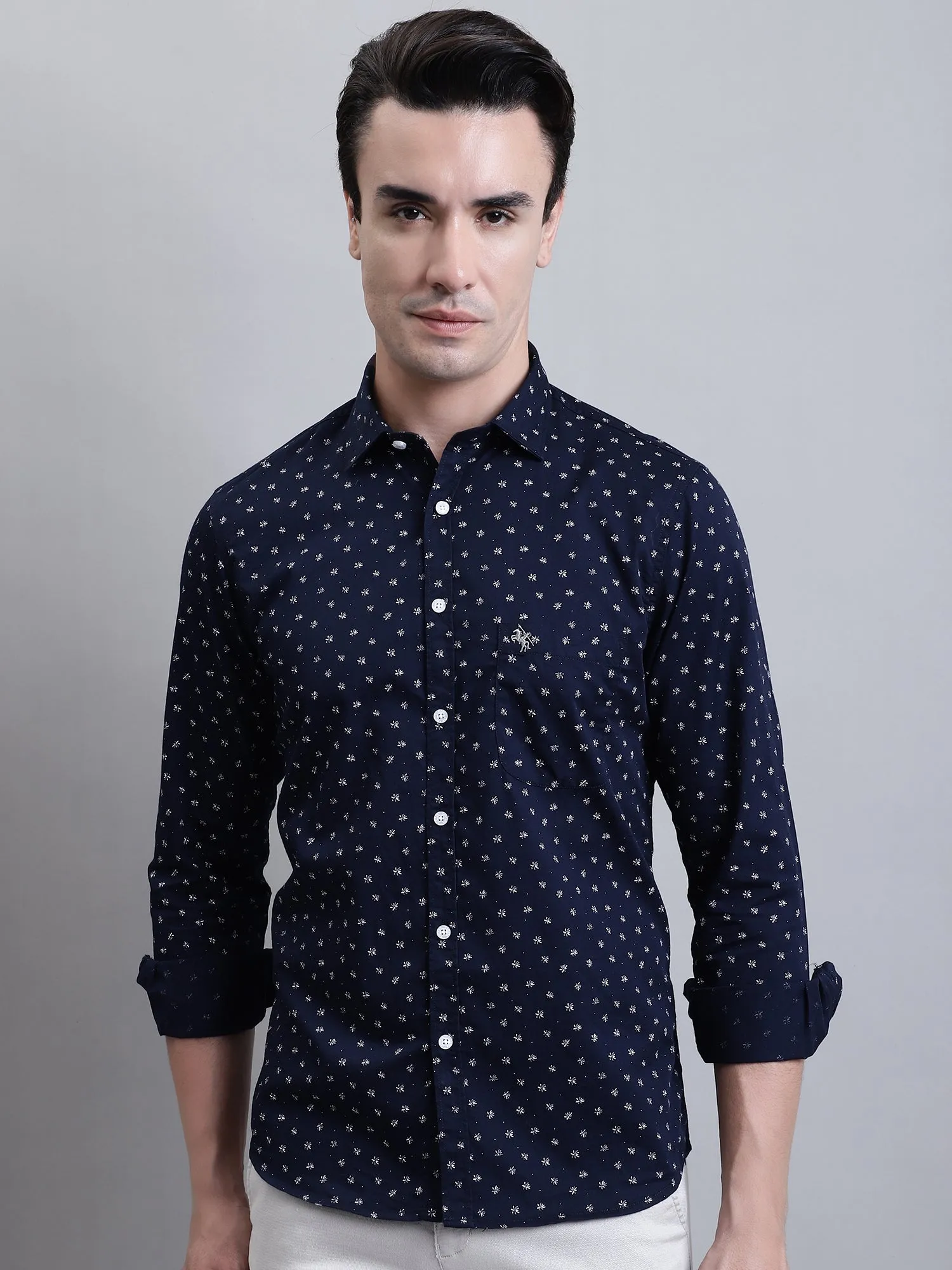 Men's Navy Blue Casual Floral Print Full Sleeve Shirt