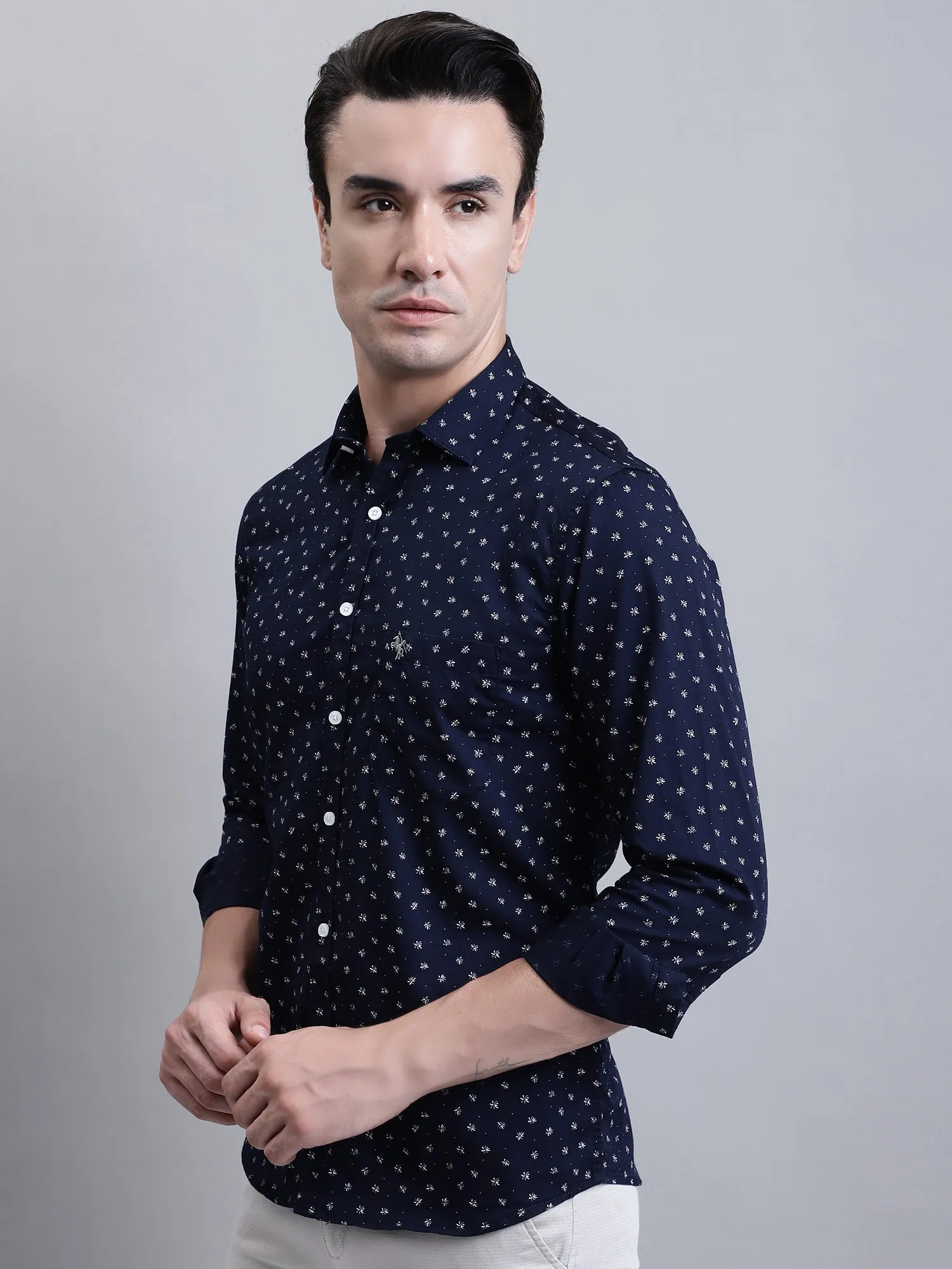 Men's Navy Blue Casual Floral Print Full Sleeve Shirt