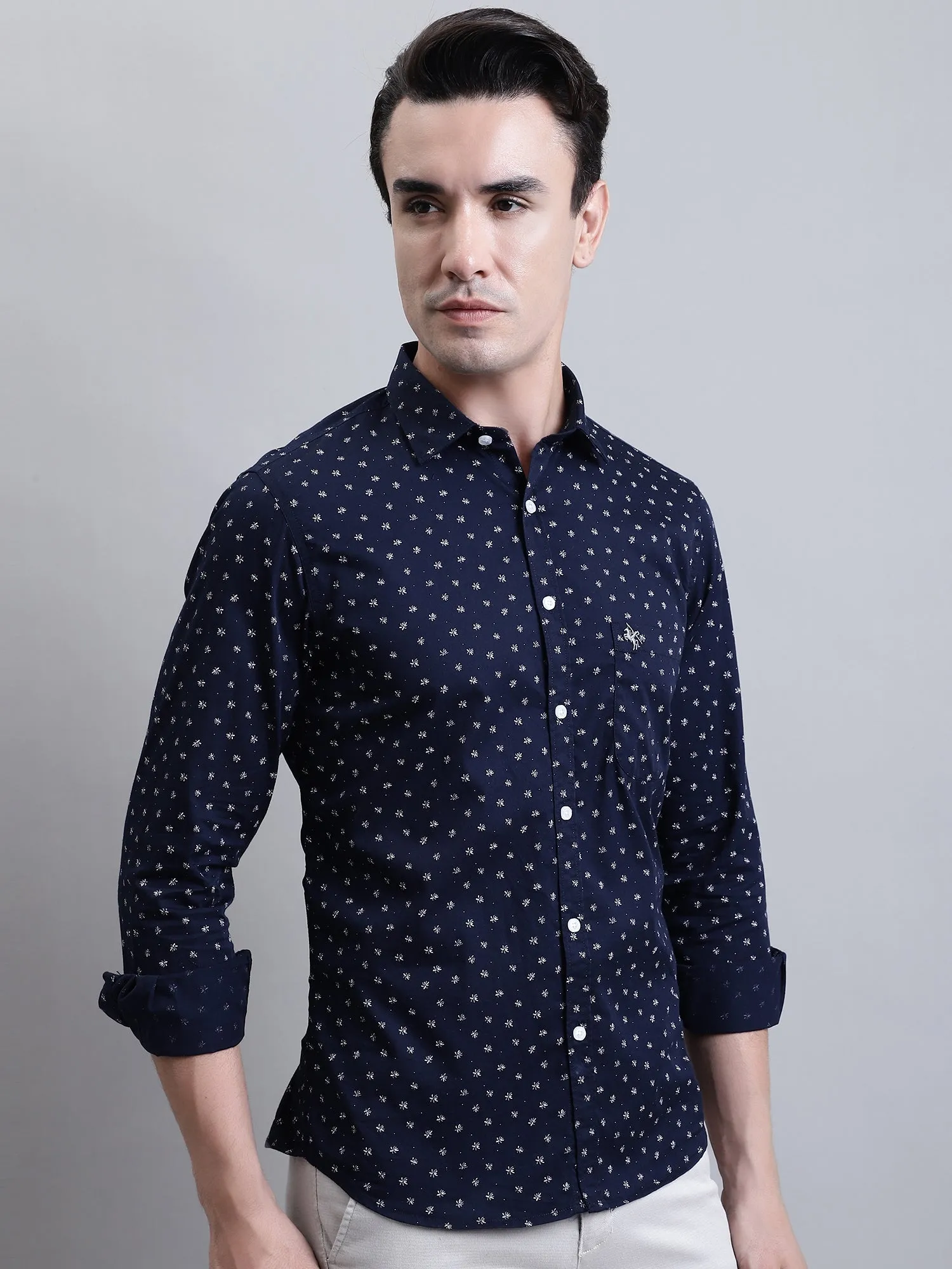 Men's Navy Blue Casual Floral Print Full Sleeve Shirt