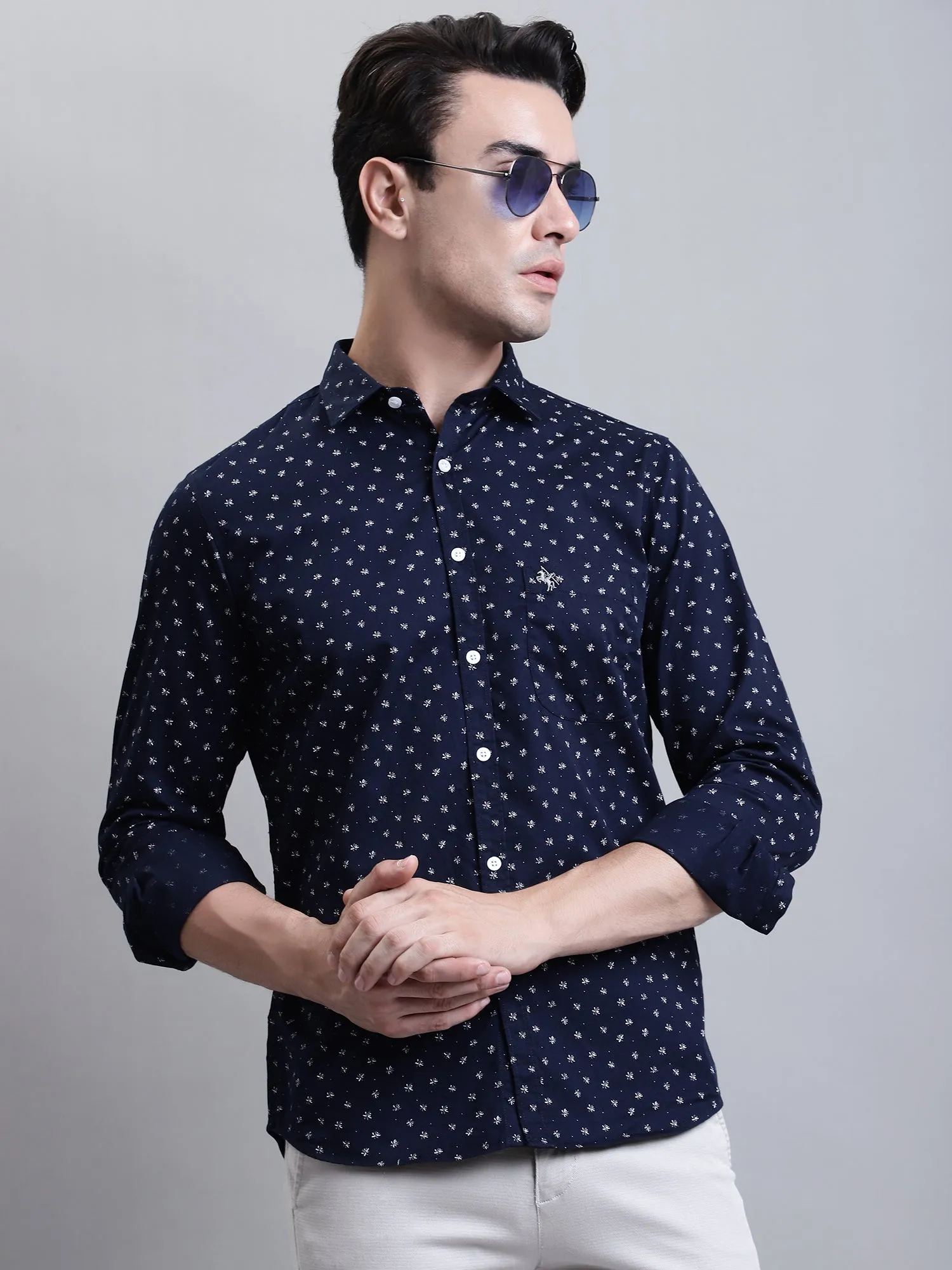 Men's Navy Blue Casual Floral Print Full Sleeve Shirt