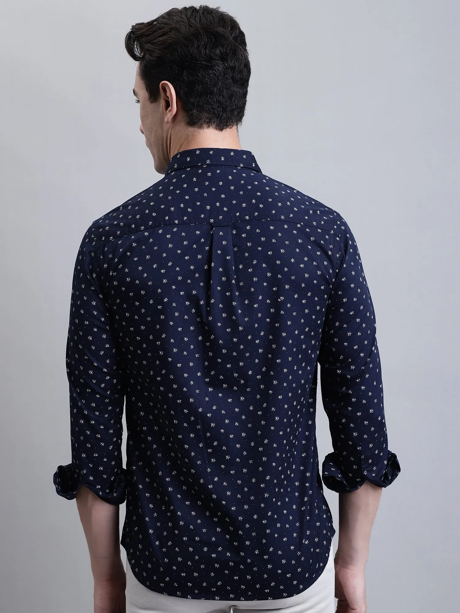 Men's Navy Blue Casual Floral Print Full Sleeve Shirt