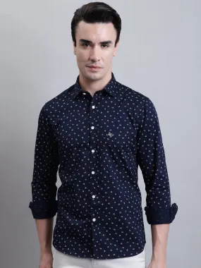 Men's Navy Blue Casual Floral Print Full Sleeve Shirt