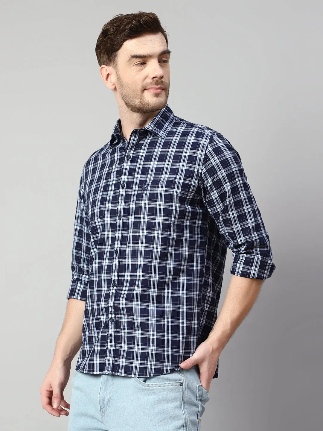 Men's Navy Blue Casual Medium Checks Full Sleeve Shirt