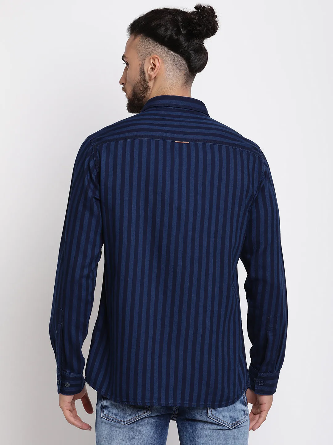 Men's Navy Blue Casual Narrow Stripe Full Sleeve Shirt