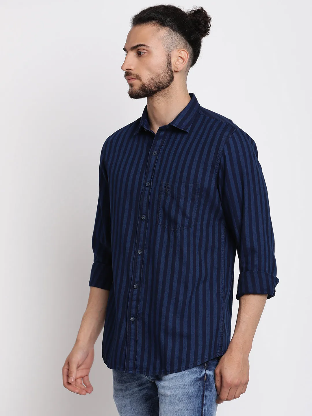 Men's Navy Blue Casual Narrow Stripe Full Sleeve Shirt