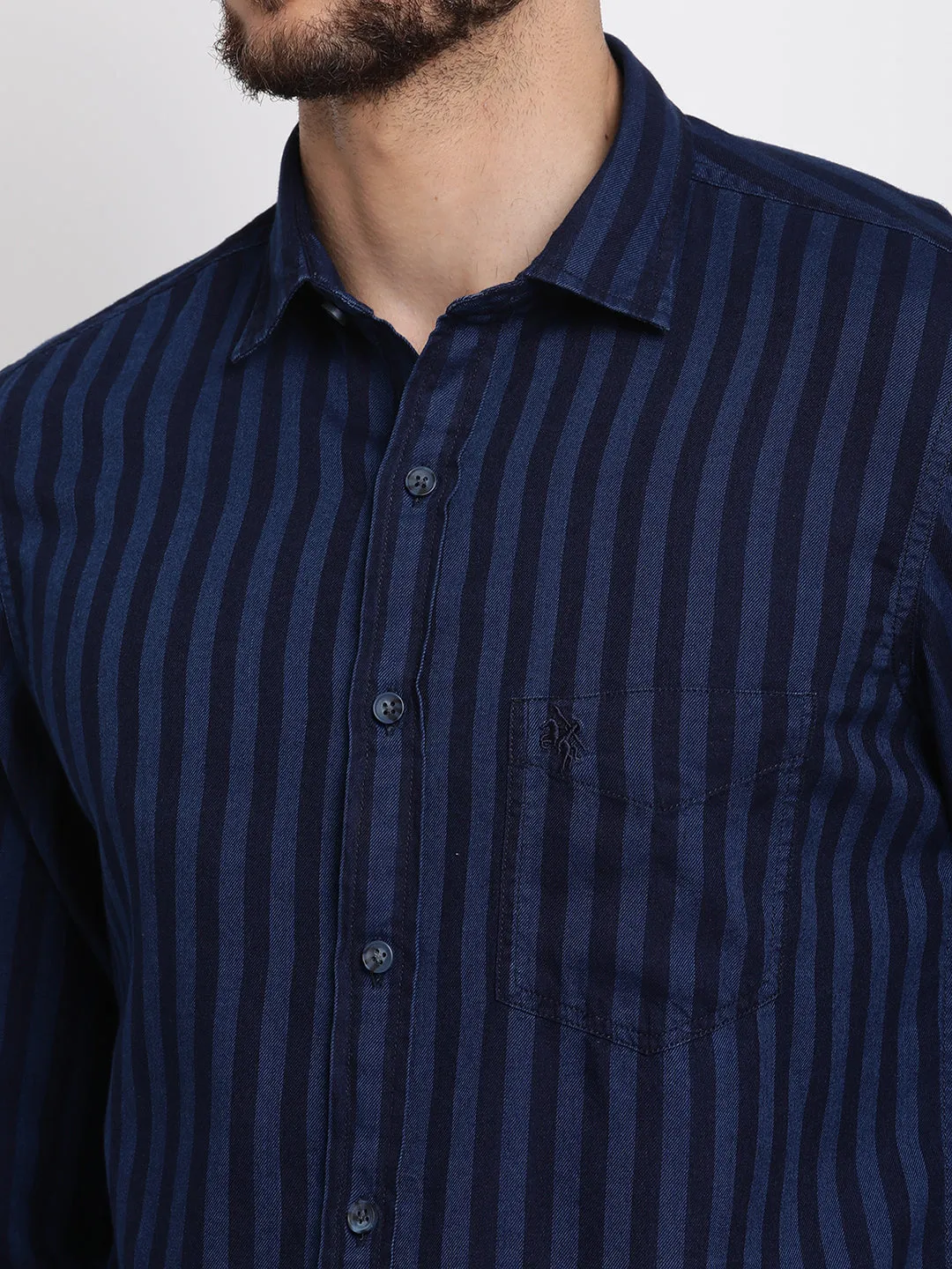 Men's Navy Blue Casual Narrow Stripe Full Sleeve Shirt