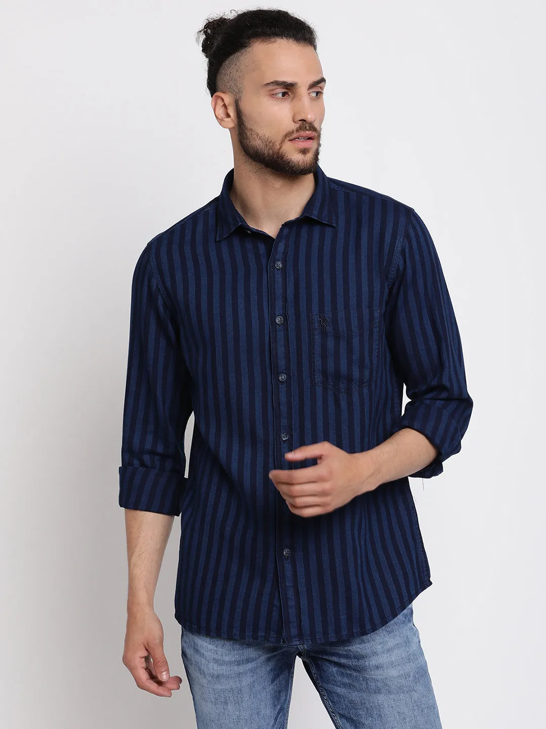 Men's Navy Blue Casual Narrow Stripe Full Sleeve Shirt