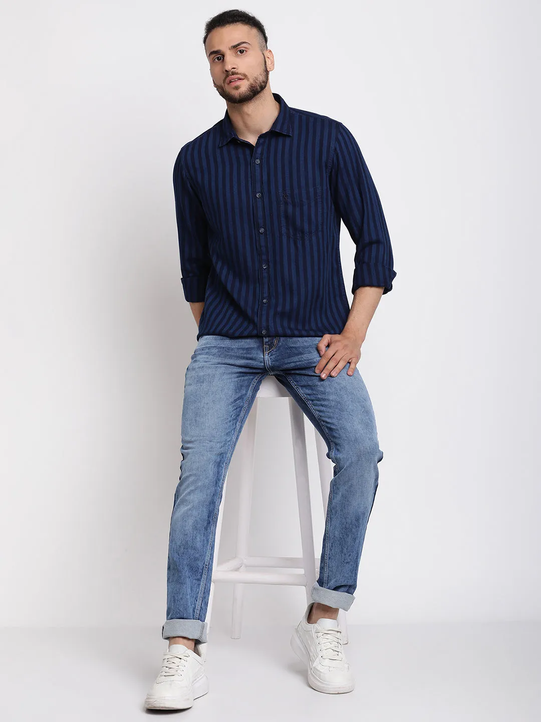 Men's Navy Blue Casual Narrow Stripe Full Sleeve Shirt