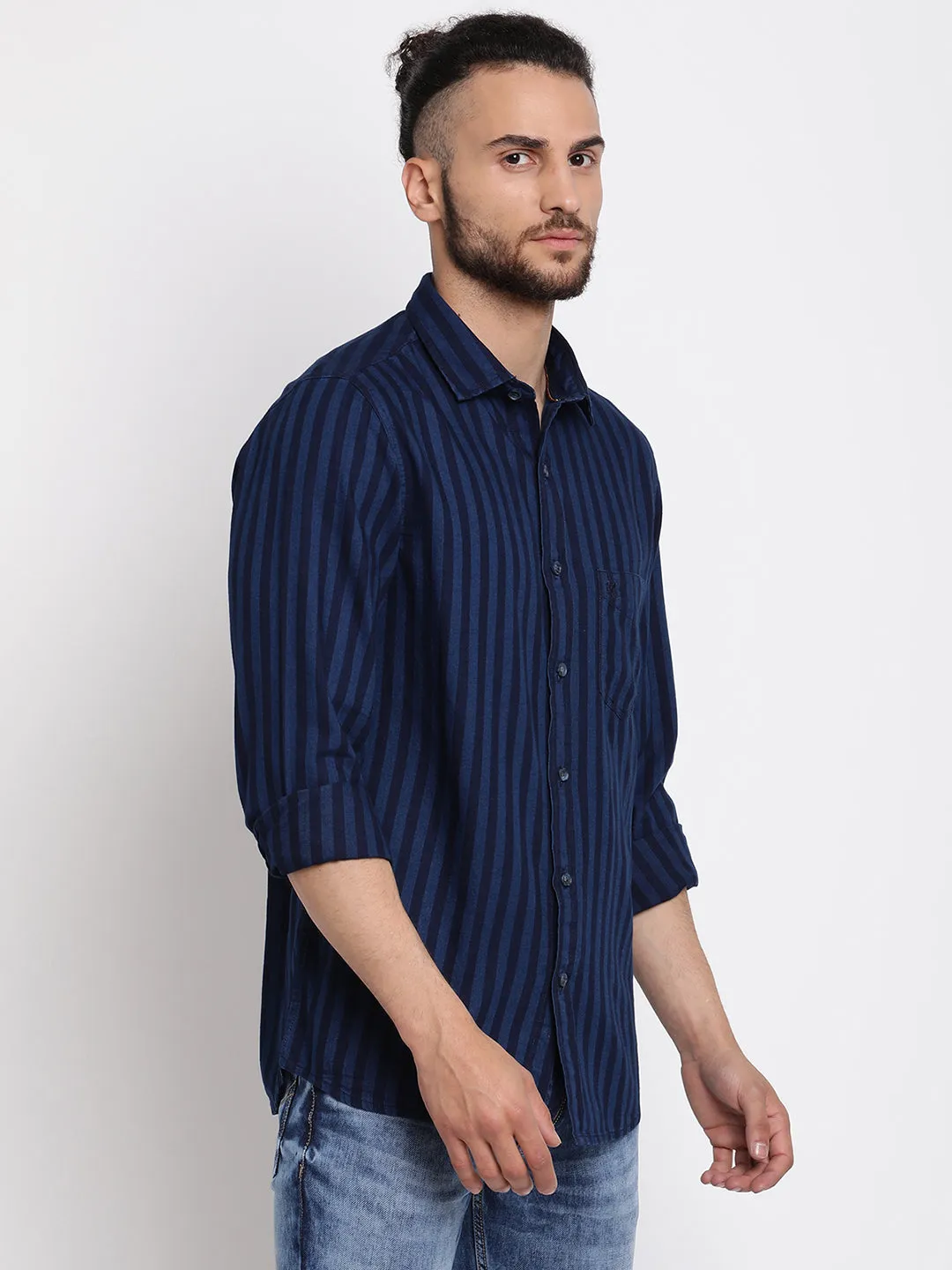 Men's Navy Blue Casual Narrow Stripe Full Sleeve Shirt