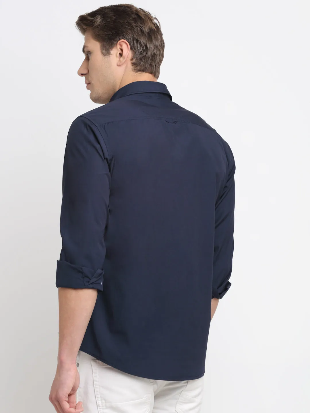 Men's Navy Blue Casual Plain Stretch Full Sleeve Shirt