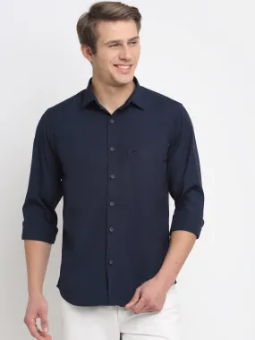 Men's Navy Blue Casual Plain Stretch Full Sleeve Shirt