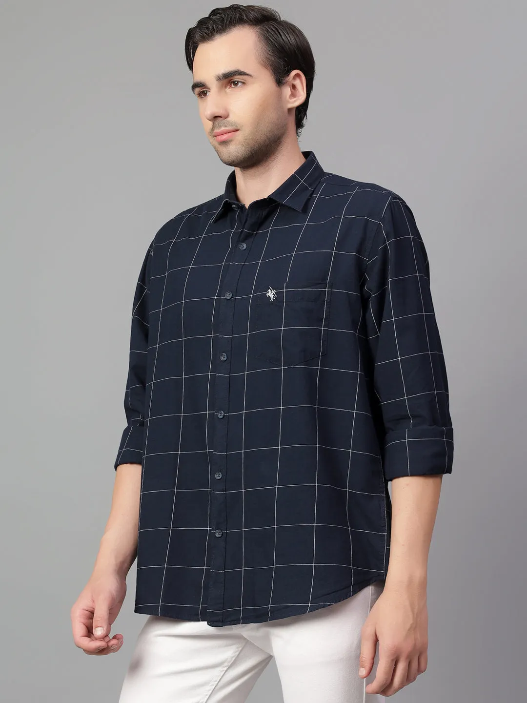 Men's Navy Blue Checked Full Sleeve Casual Shirt