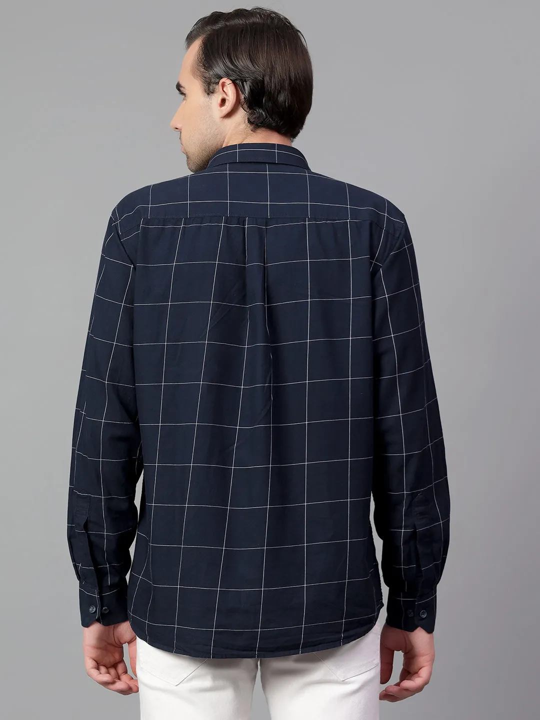 Men's Navy Blue Checked Full Sleeve Casual Shirt