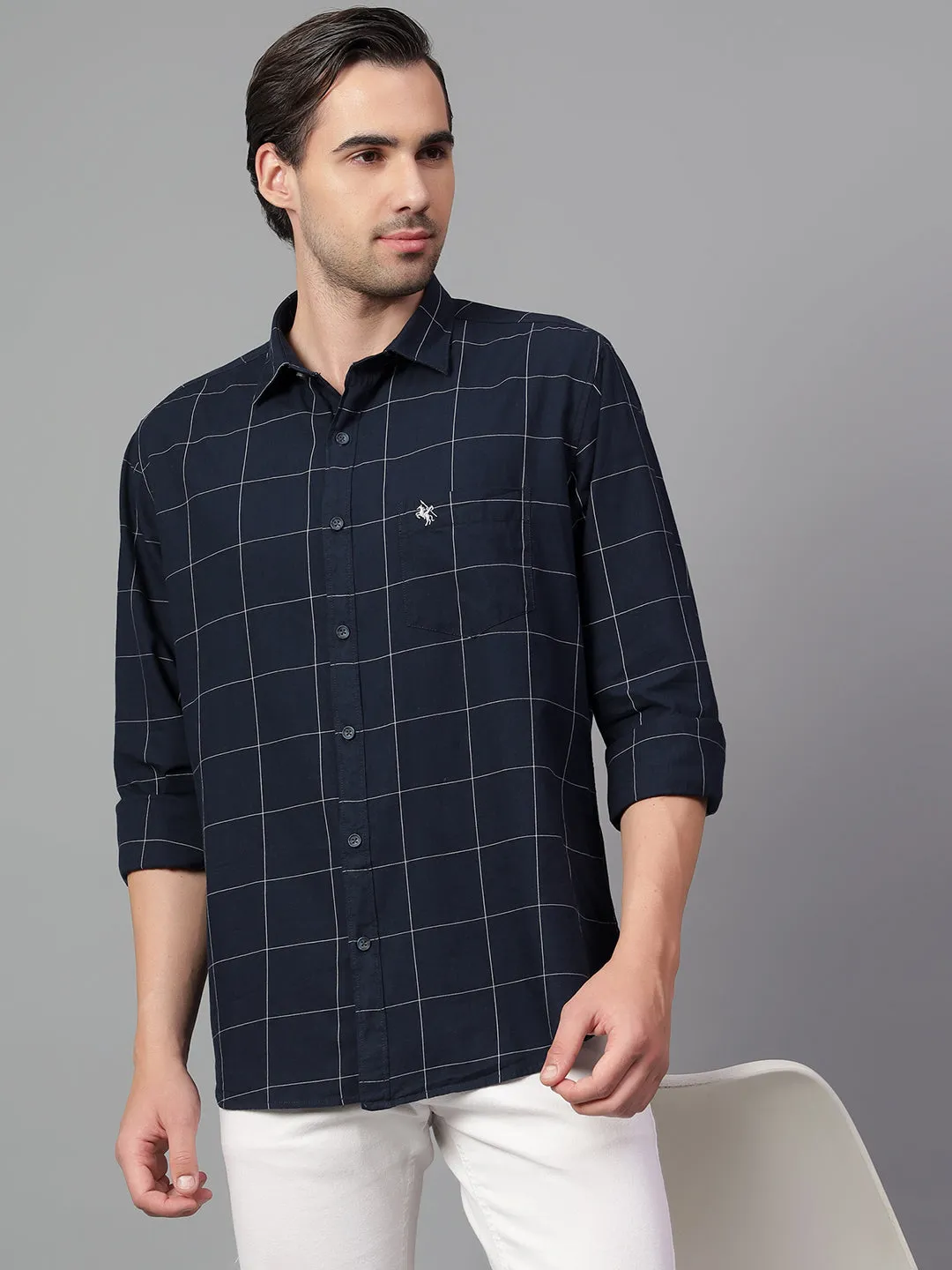 Men's Navy Blue Checked Full Sleeve Casual Shirt