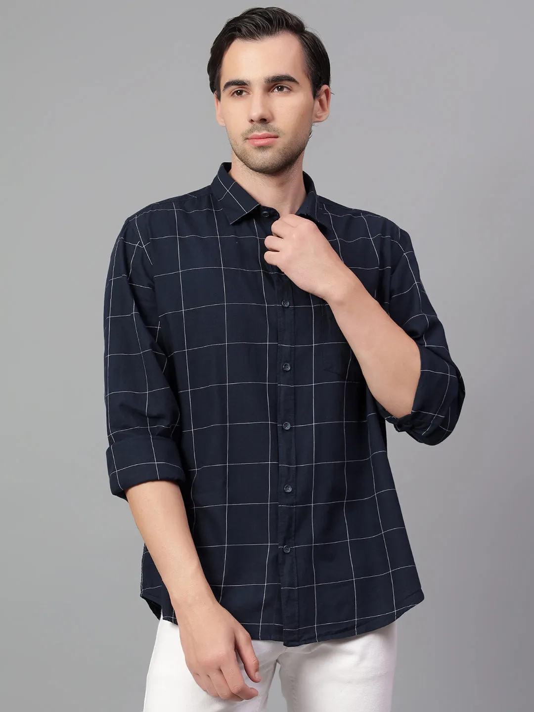 Men's Navy Blue Checked Full Sleeve Casual Shirt