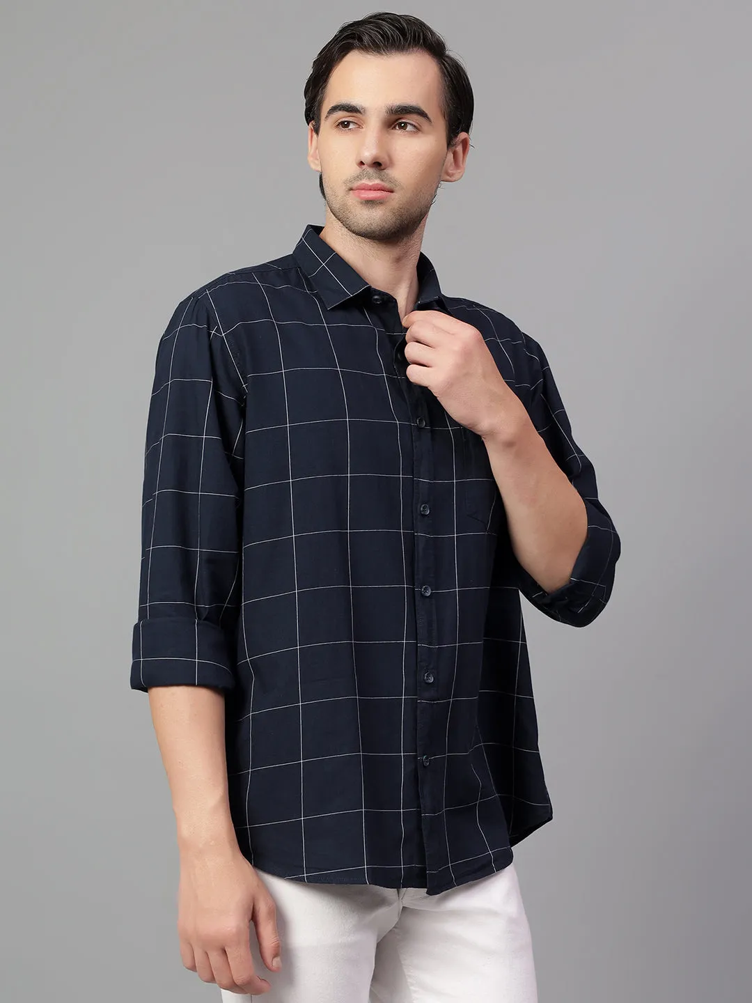 Men's Navy Blue Checked Full Sleeve Casual Shirt