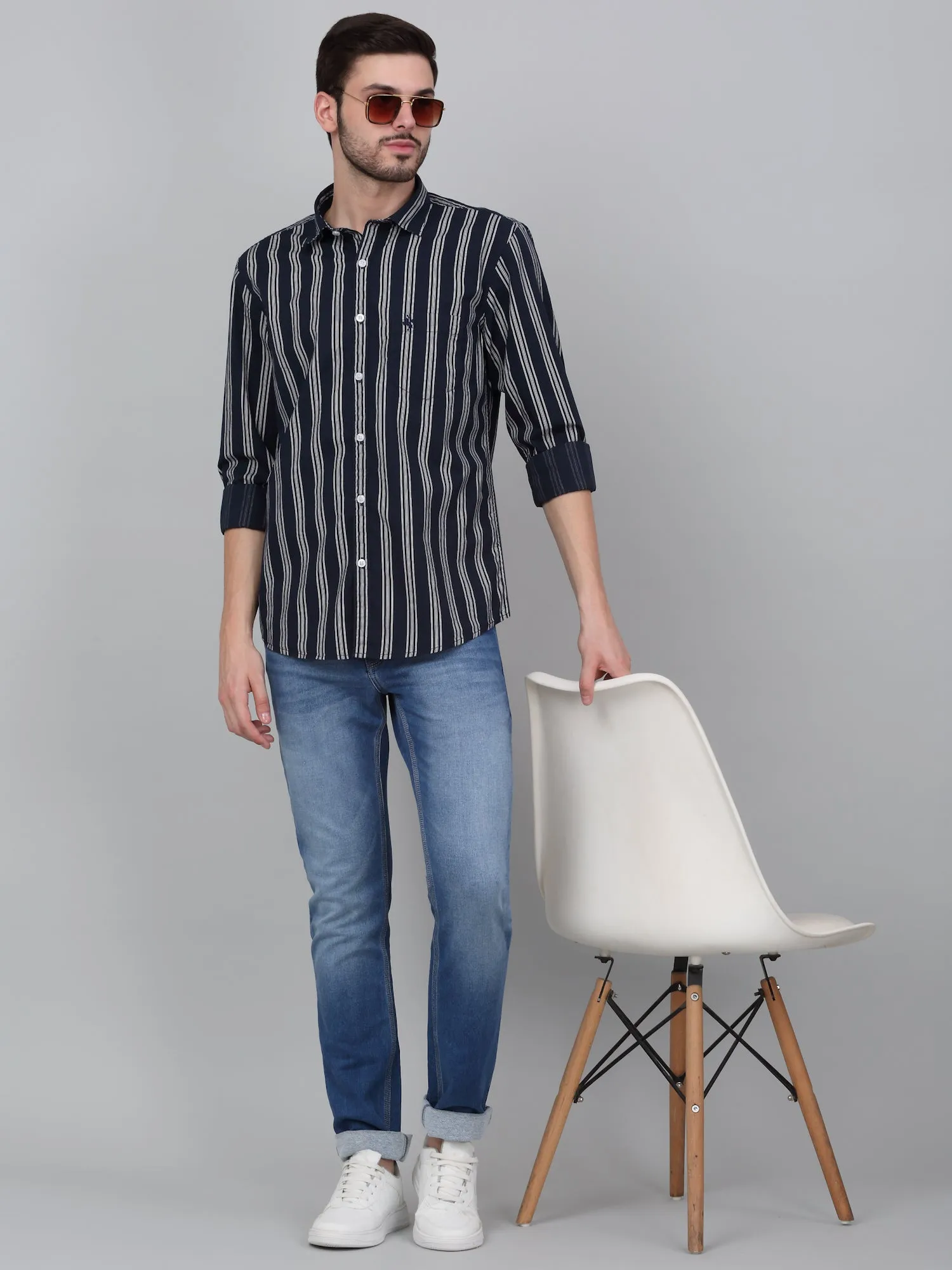 Men's Navy Blue Striped Full Sleeve Casual Shirt