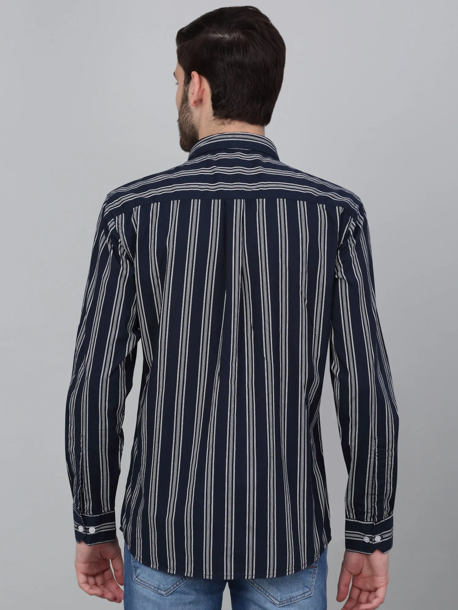 Men's Navy Blue Striped Full Sleeve Casual Shirt