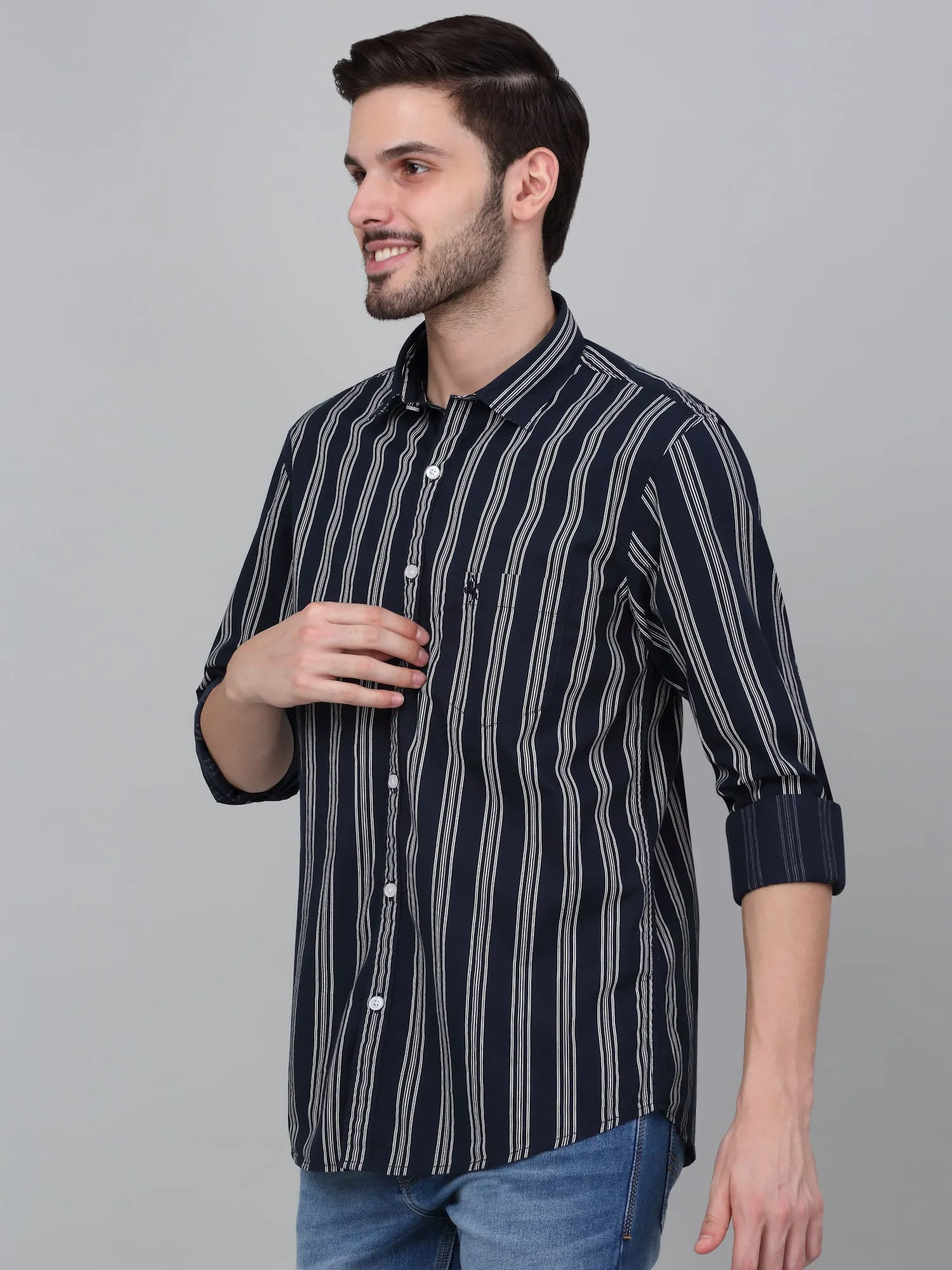 Men's Navy Blue Striped Full Sleeve Casual Shirt