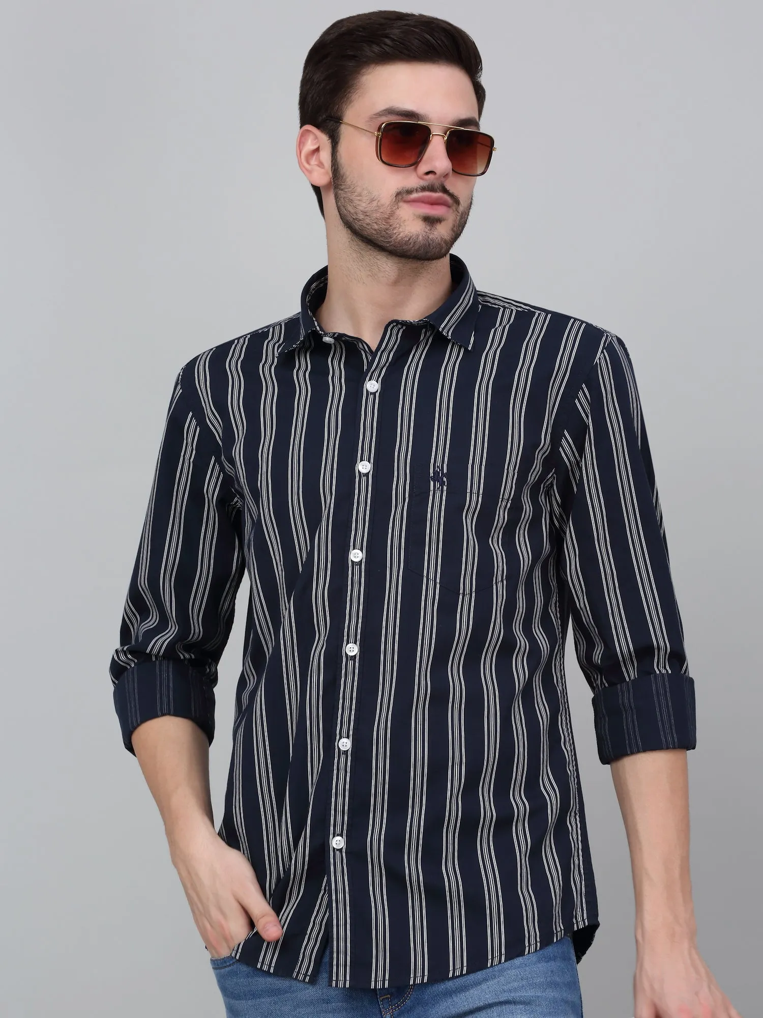 Men's Navy Blue Striped Full Sleeve Casual Shirt