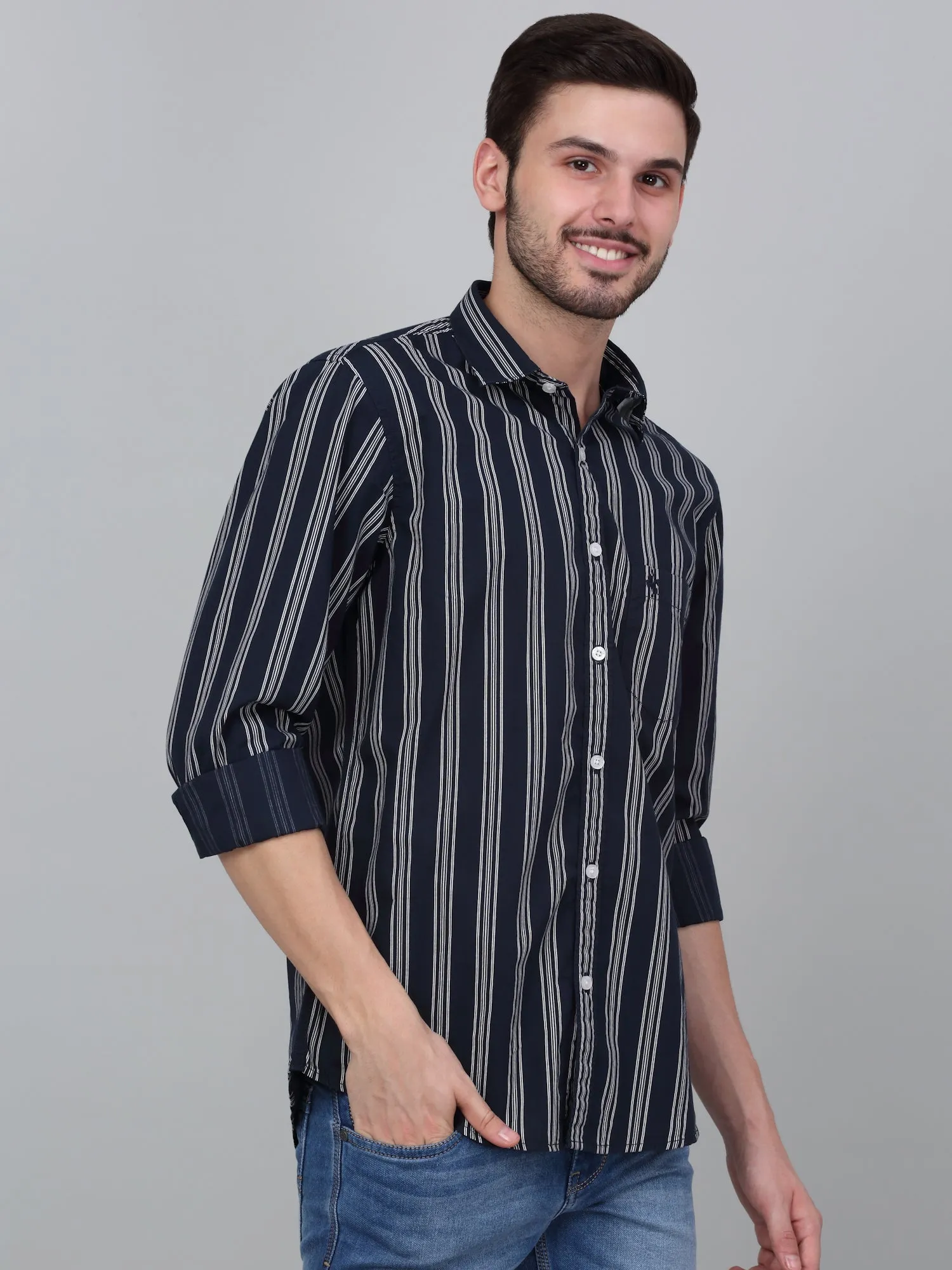 Men's Navy Blue Striped Full Sleeve Casual Shirt