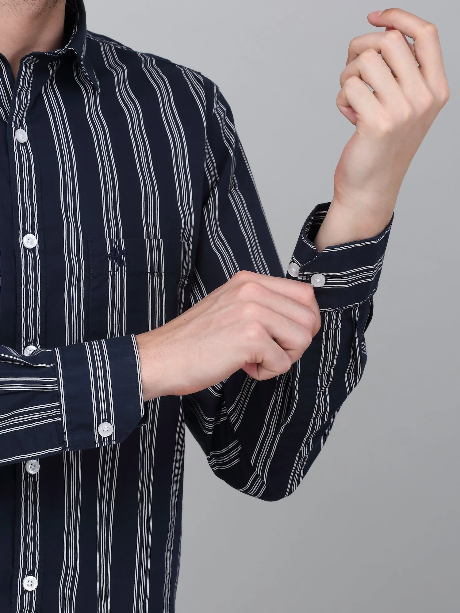 Men's Navy Blue Striped Full Sleeve Casual Shirt