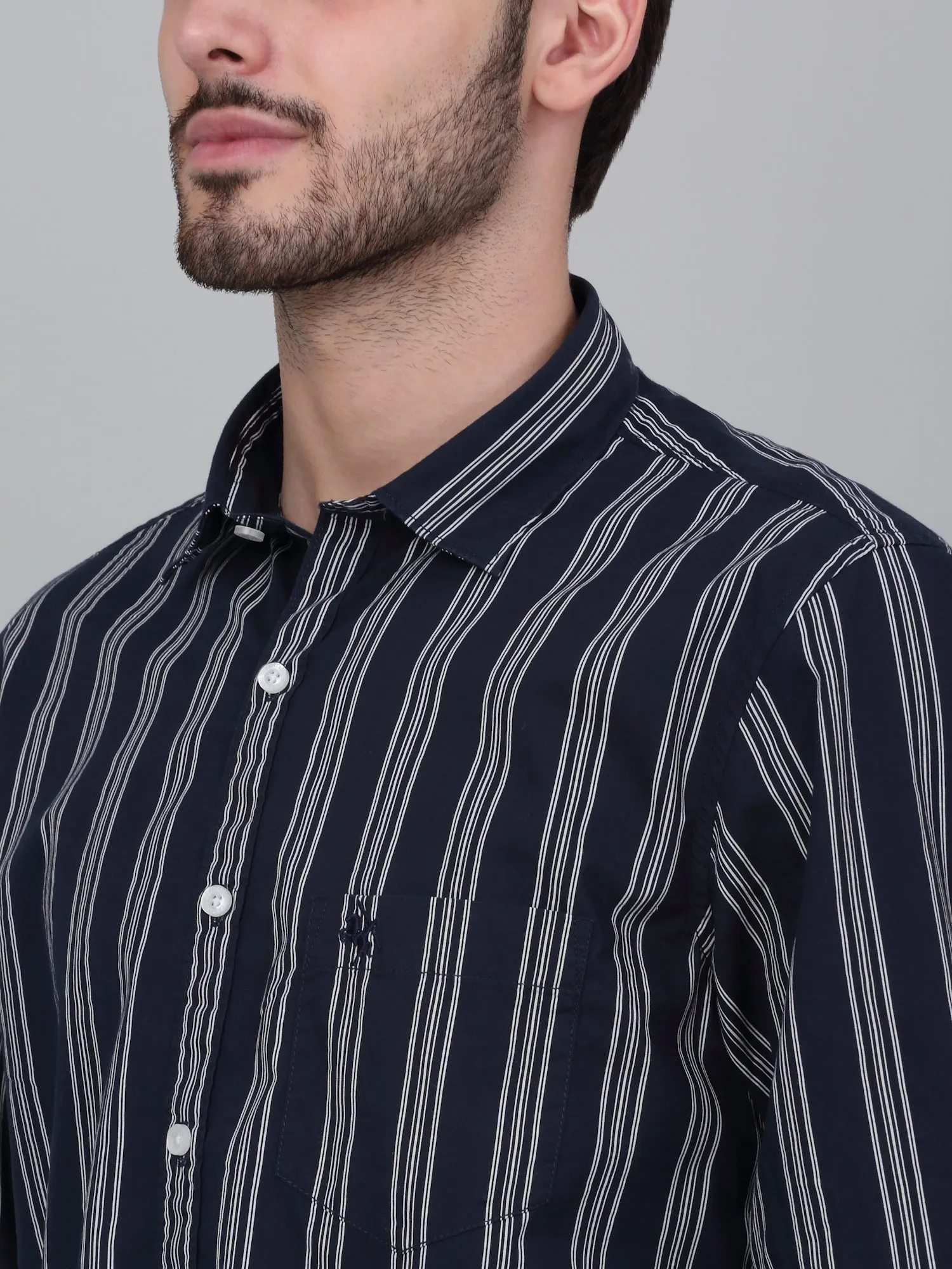 Men's Navy Blue Striped Full Sleeve Casual Shirt