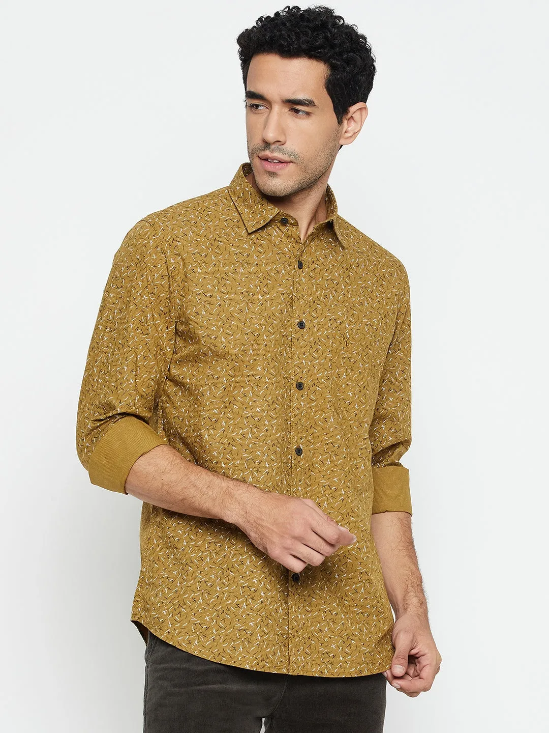 Men's Olive Green Casual Ditsy Print Full Sleeve Shirt