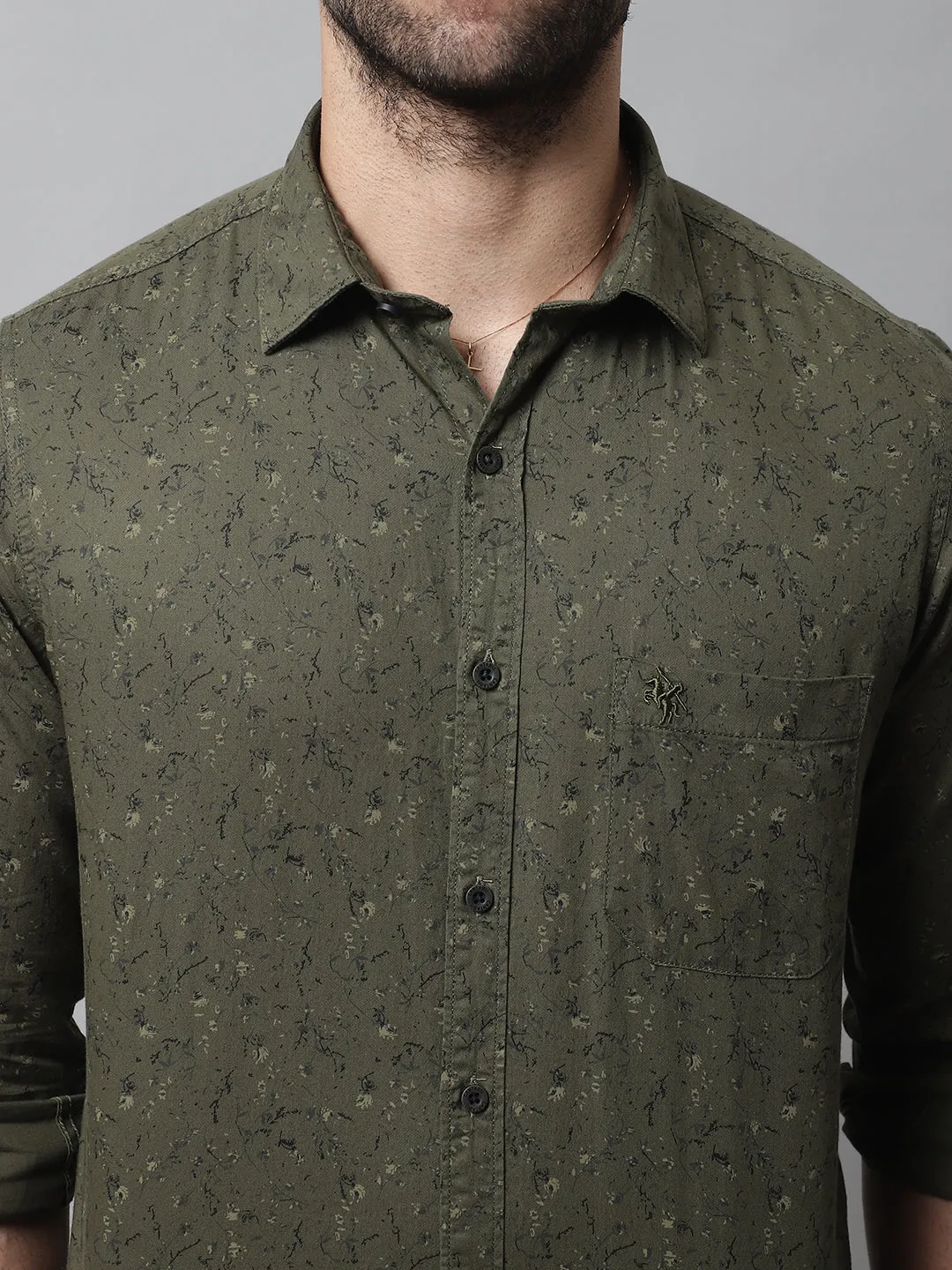 Men's Olive Green Casual Floral Print Full Sleeve Shirt