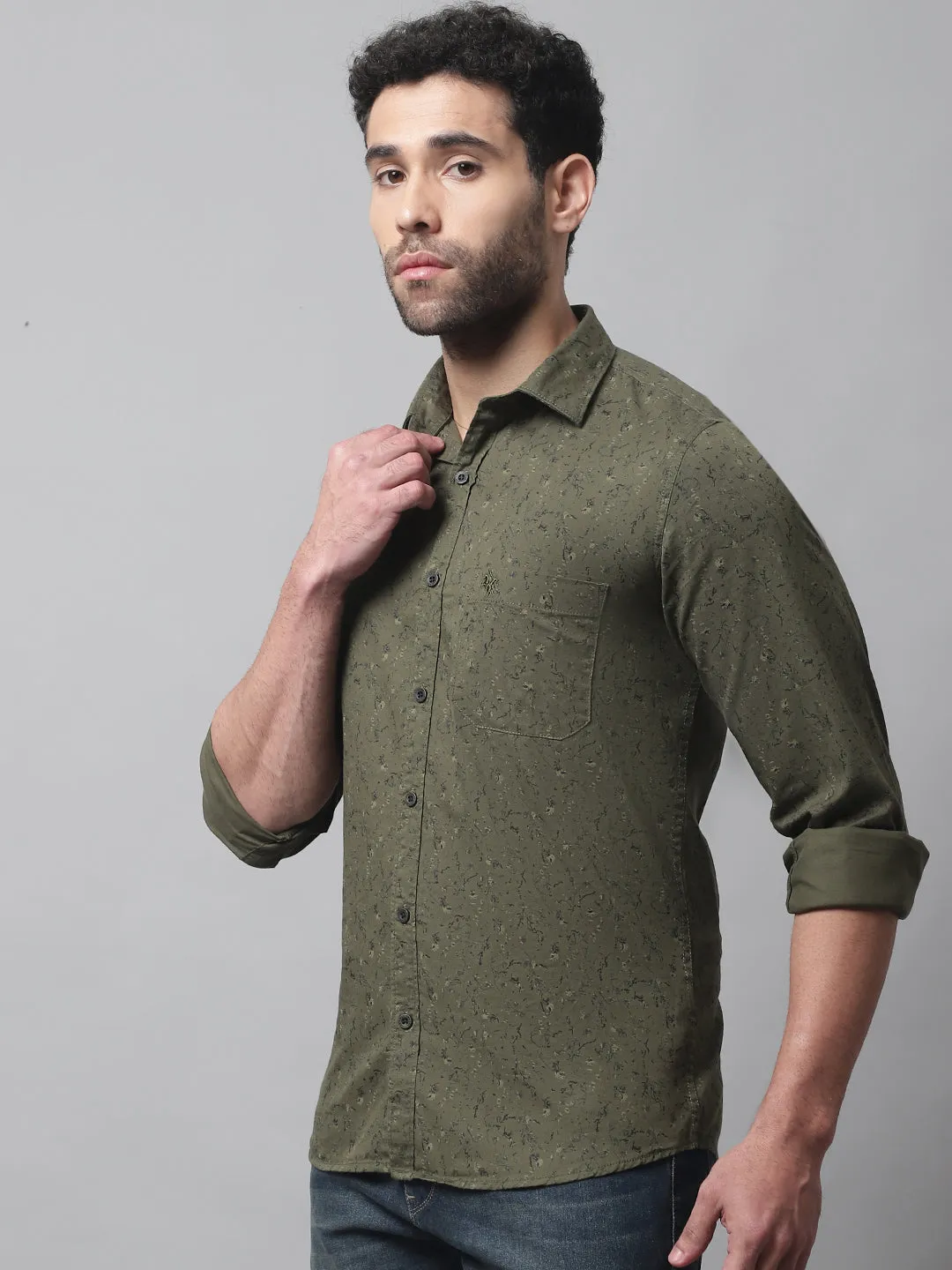 Men's Olive Green Casual Floral Print Full Sleeve Shirt