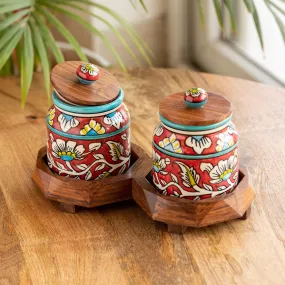 'Mughal Floral' Hand-Painted Ceramic Storage Jars & Containers with Tray (Set of 2, 440 ML)