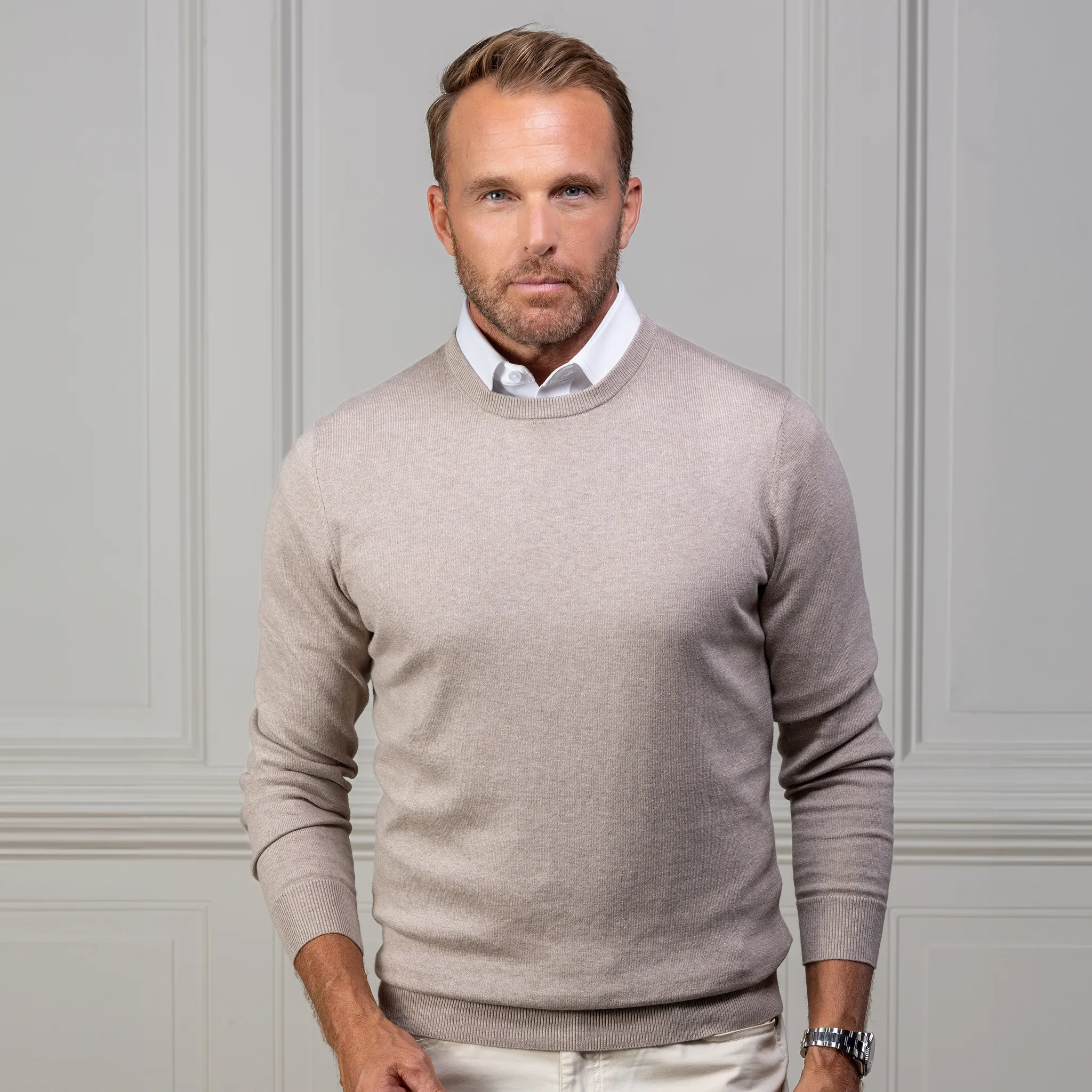 Oatmeal Luxury Touch Cotton and Cashmere Crew Neck Sweater