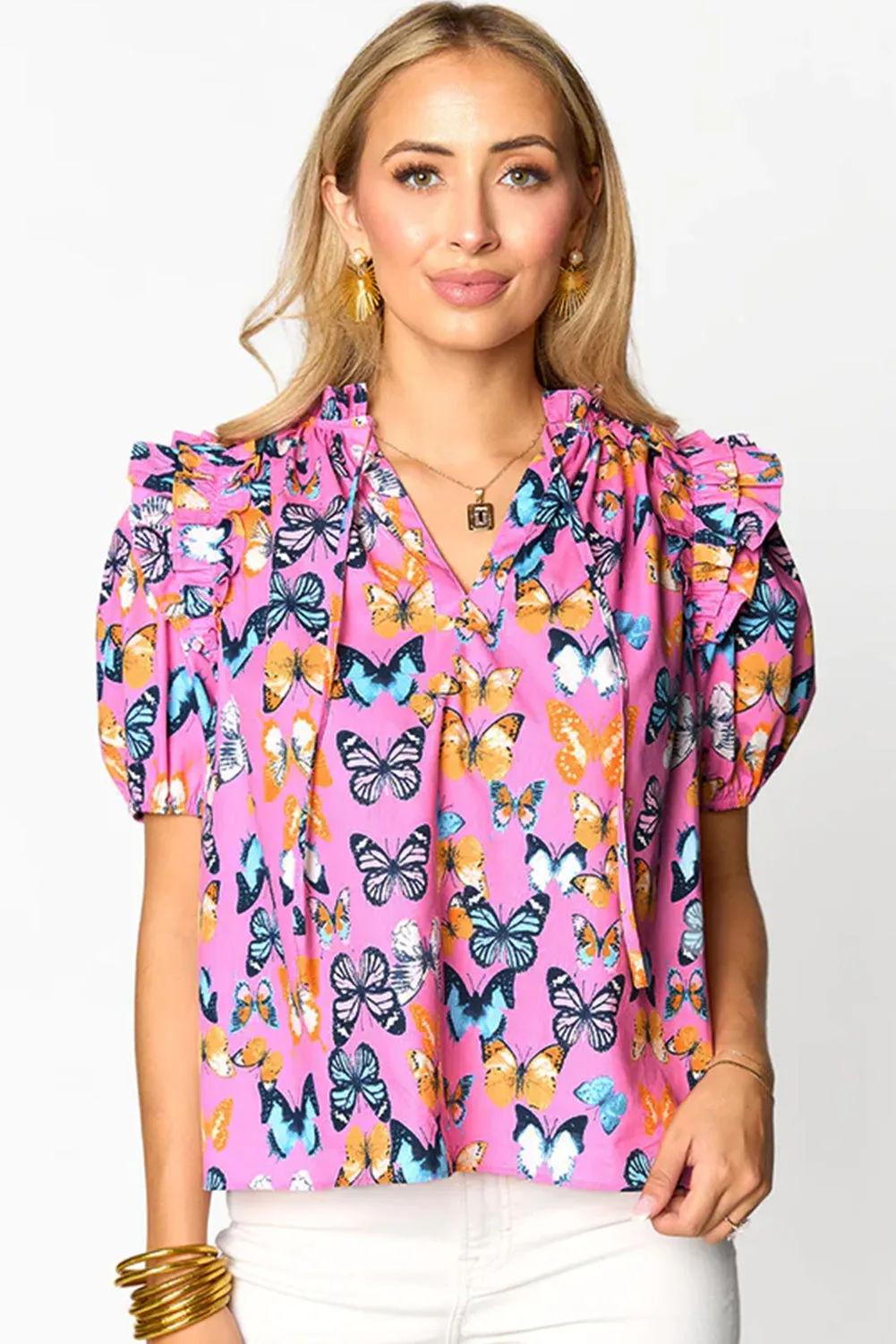 Purple Butterfly Print Ruffled Puff Sleeve Tied V Neck Blouse