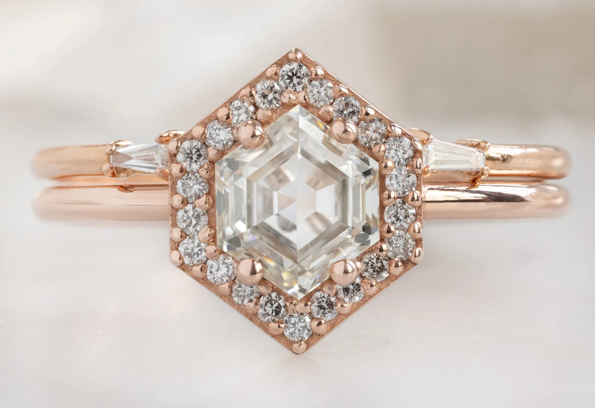 The Dahlia Ring with a .77ct Pink Hexagon Diamond