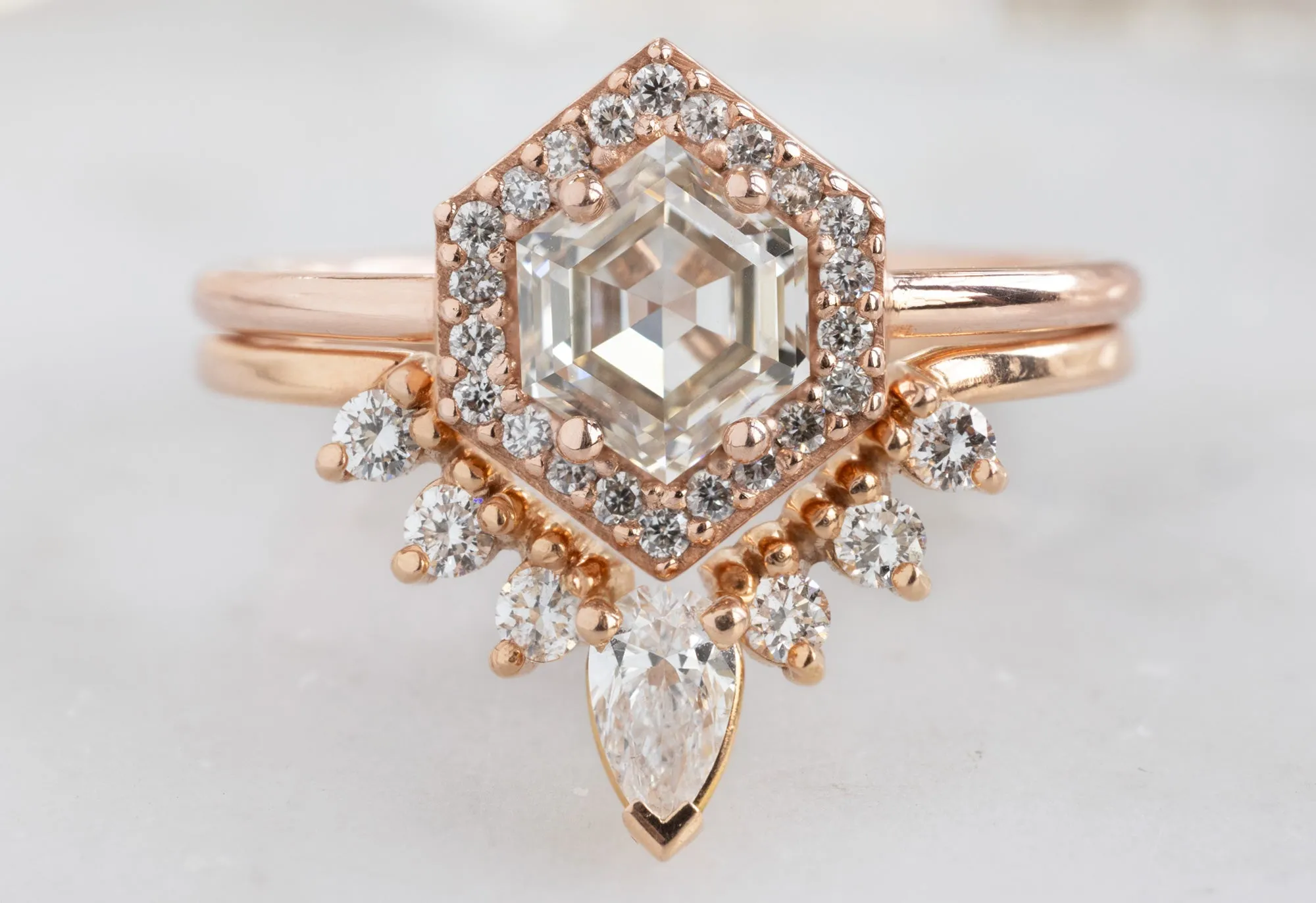 The Dahlia Ring with a .77ct Pink Hexagon Diamond