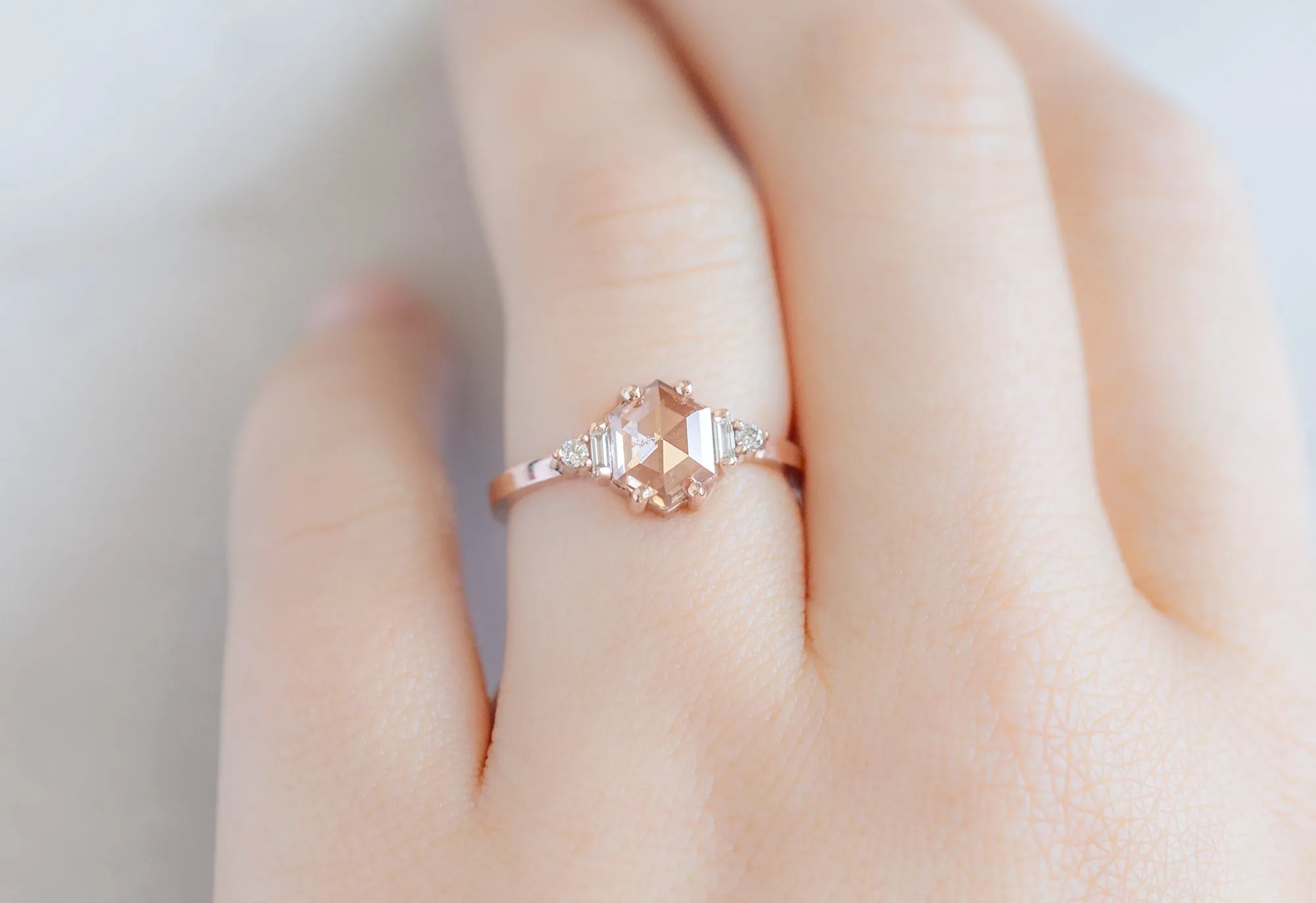 The Primrose Ring with a .81ct Lab Grown Pink Hexagon Diamond