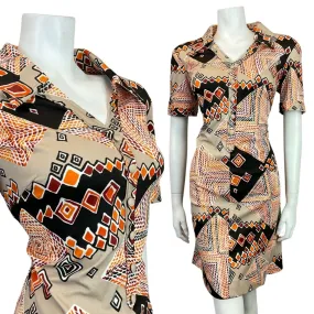 VINTAGE 60s 70s BEIGE BLACK RED ORANGE GEOMETRIC SQUARE MOD SHIRT DRESS 14 16