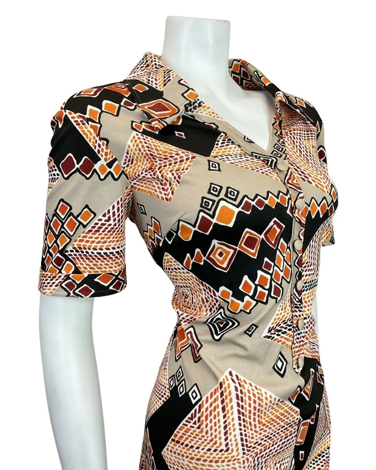 VINTAGE 60s 70s BEIGE BLACK RED ORANGE GEOMETRIC SQUARE MOD SHIRT DRESS 14 16